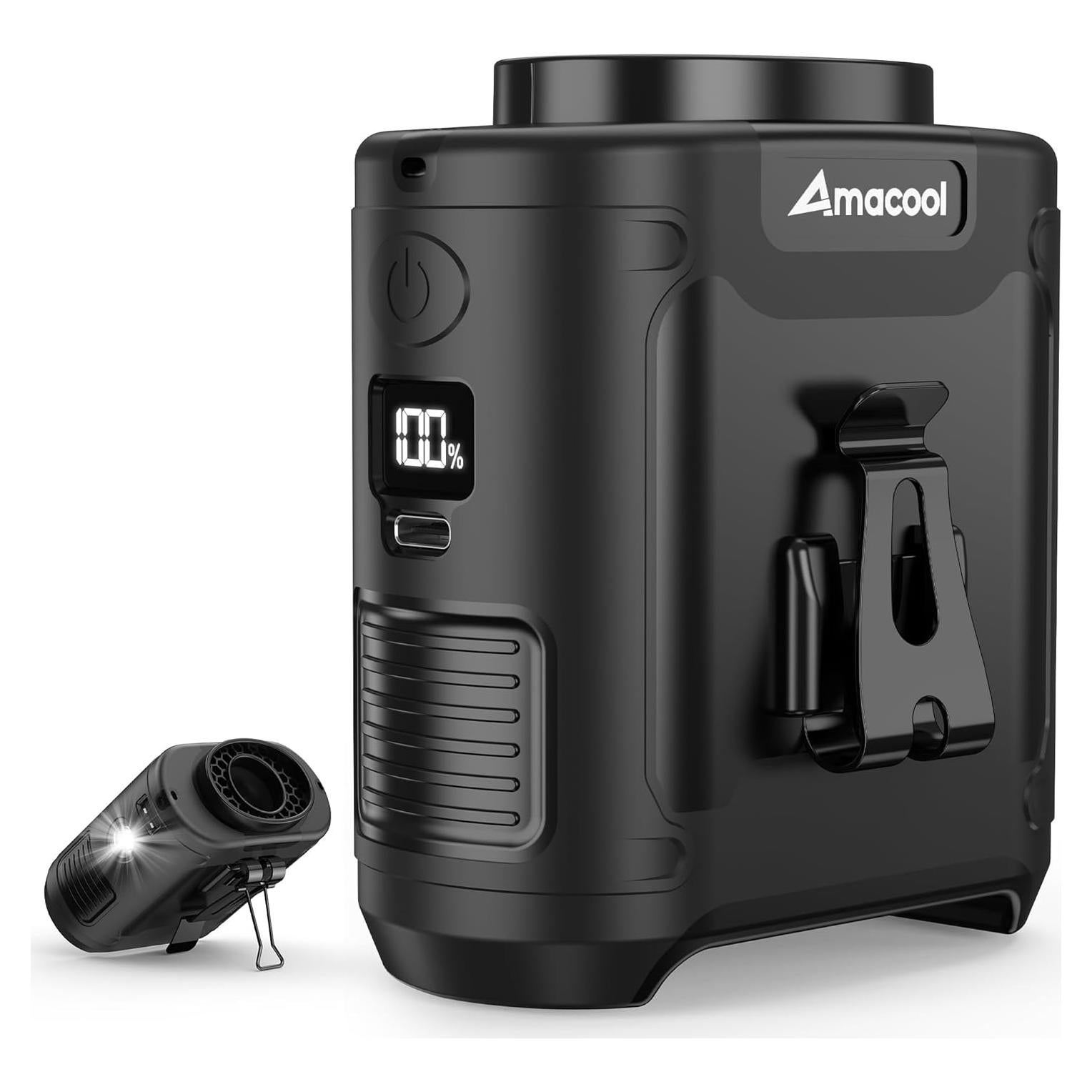 AMACOOL Portable Waist Fan Clip On, MAX 40H Work Time, 10000mAh Rechargeable Wearable Shirt Fan with Light, 16000RPM Powerful 5 Speeds Belt Fan Personal Cooling Fan for Outdoor Jobsite Camping Travel