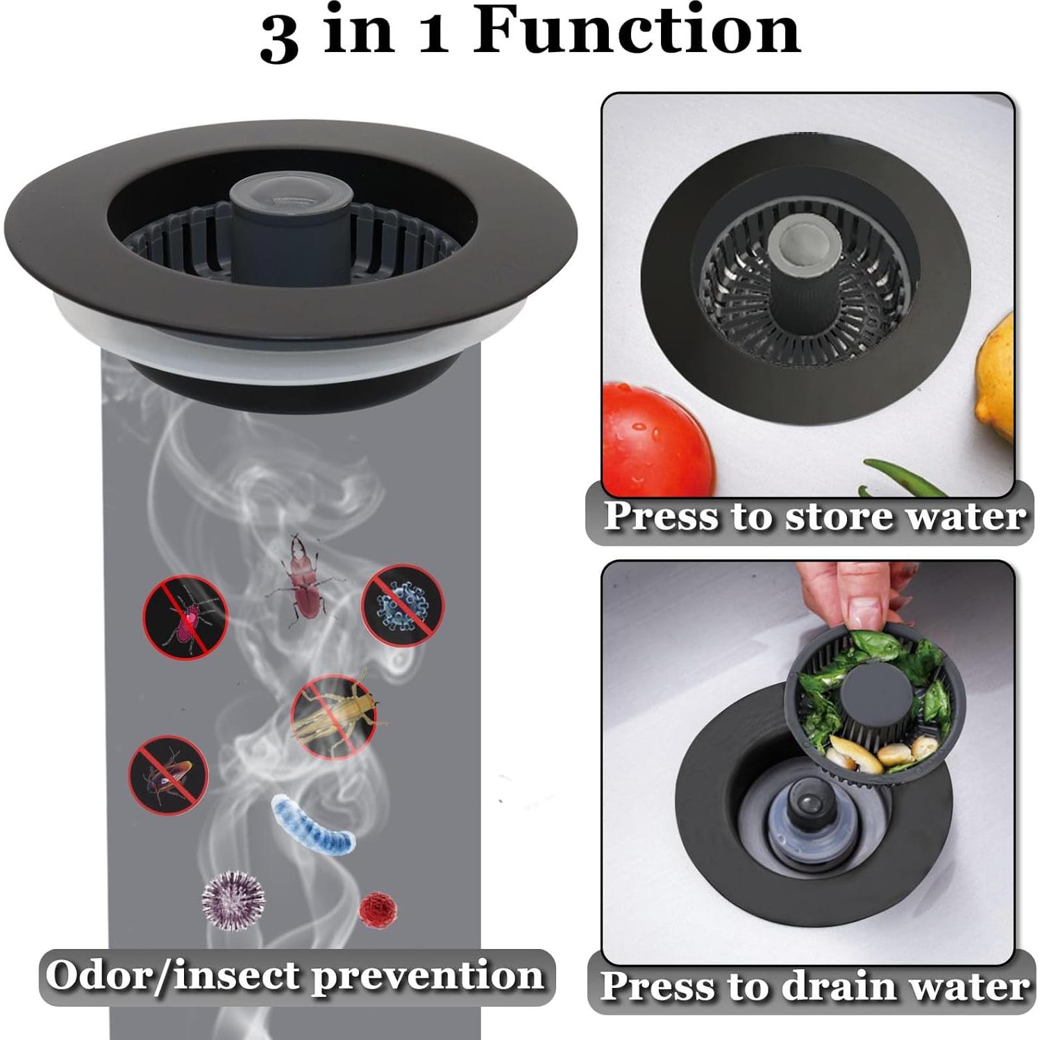 Tapón de Fregadero de Cocina BAOLSLS 3 en 1 Negro 10.8 cm