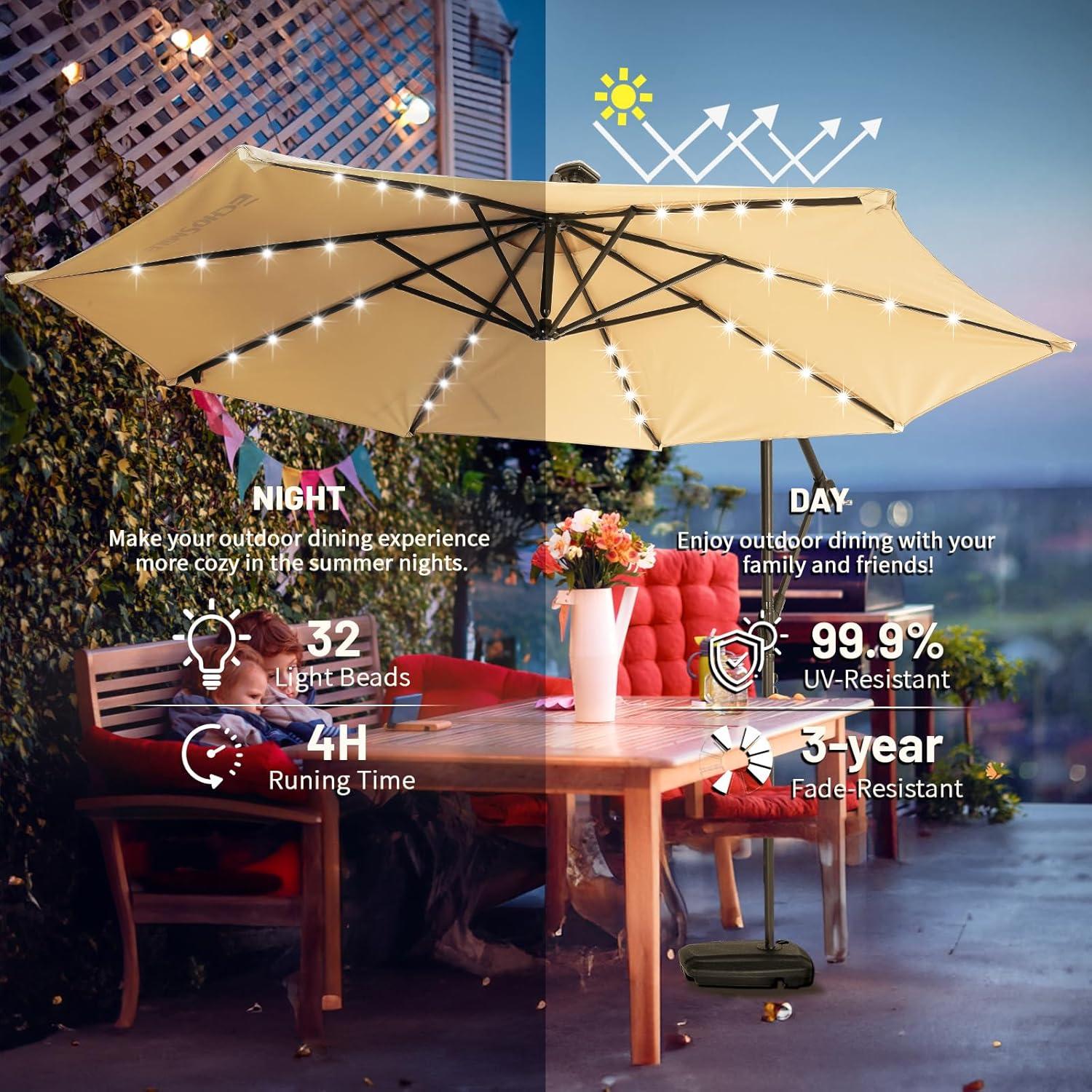 Sombrilla de Patio EchoSmile 3,05m Solar con 32 Luces LED