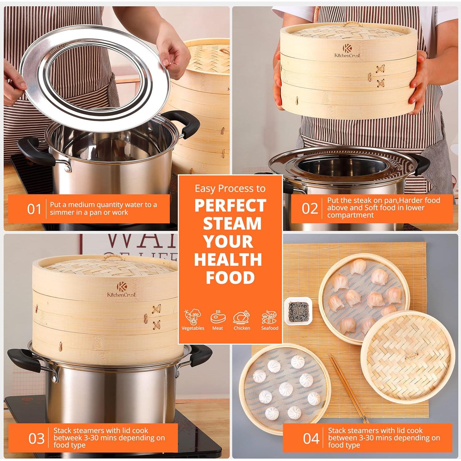 Cesta de Vapor de Bambú KitchenCrust 25.4 cm 2 Niveles