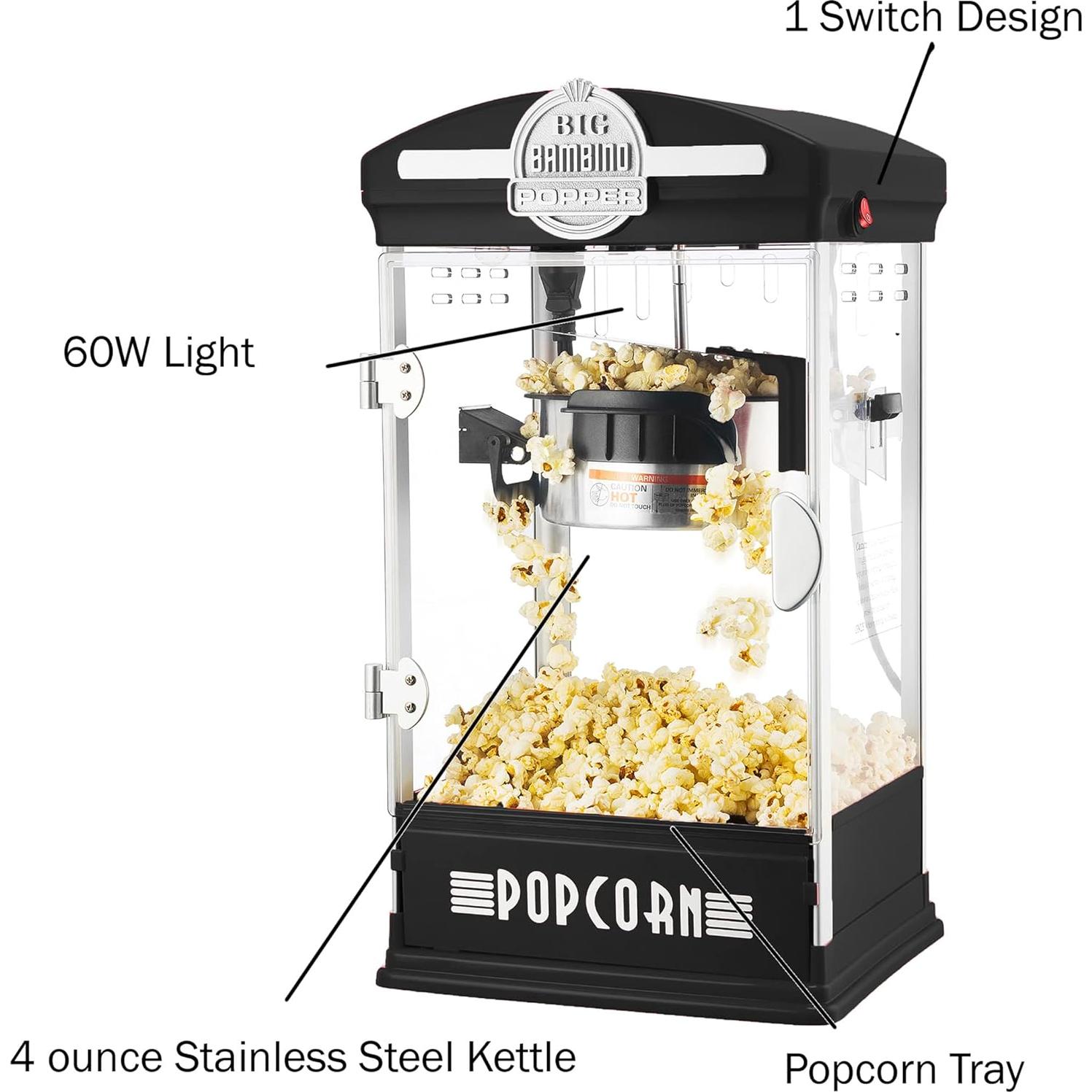 Popcorn Machine - Big Bambino Old-Fashioned Popper with 4-Ounce Kettle, Measuring Cups, Scoop, and Serving Cups by Great Northern Popcorn (Black)