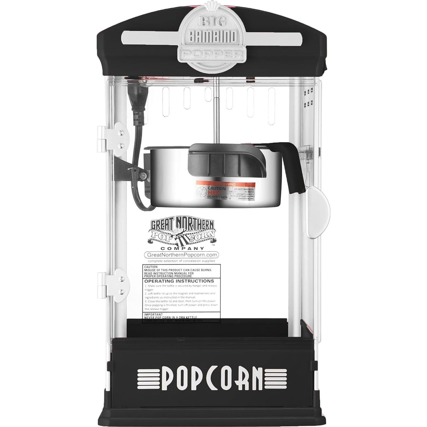 Popcorn Machine - Big Bambino Old-Fashioned Popper with 4-Ounce Kettle, Measuring Cups, Scoop, and Serving Cups by Great Northern Popcorn (Black)