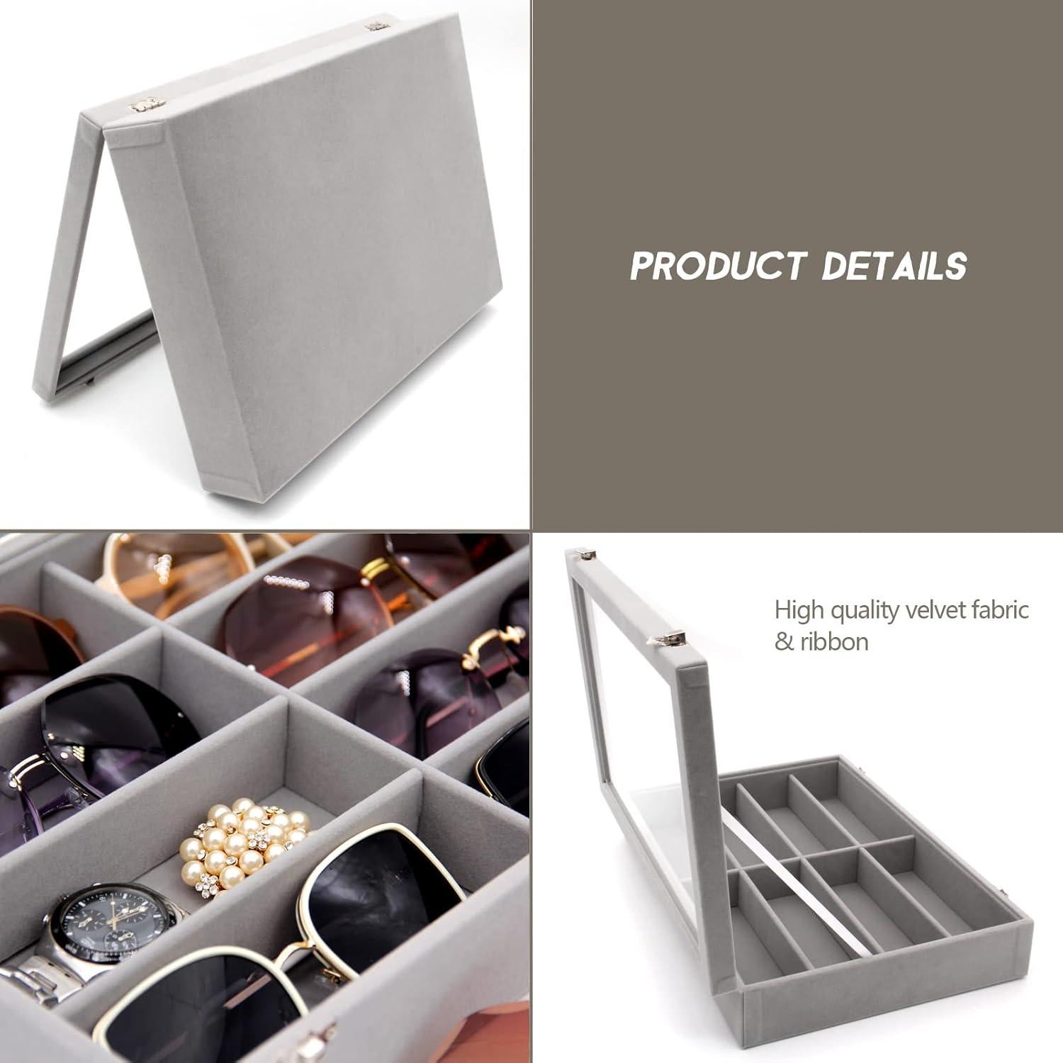 Organizador de Gafas de Terciopelo Gris con 8 Compartimentos