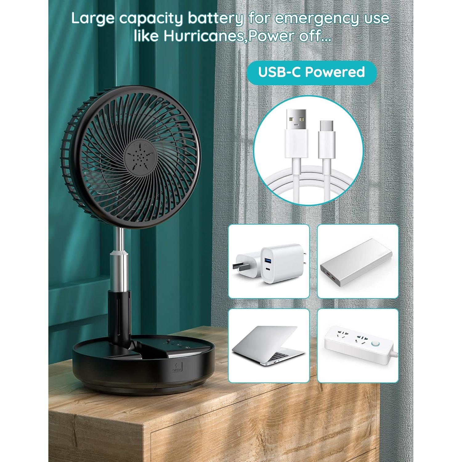 Primevolve Portable Oscillating Standing Fan,Rechargeable Battery Operated USB Floor Table Desk Fan with Remote, Bedroom Camping Travel Fans Black 7.7"