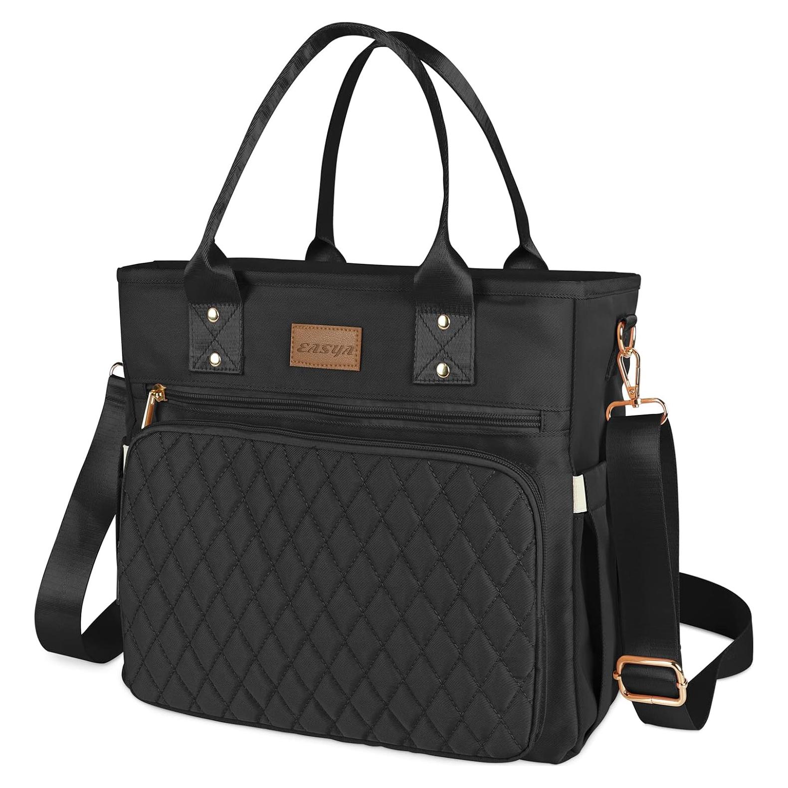 Large Insulated Lunch Bag for Work, Women's Nylon Thermal Lunch Box, Leakproof Cooler Tote Bag with Storage Pocket (Black)