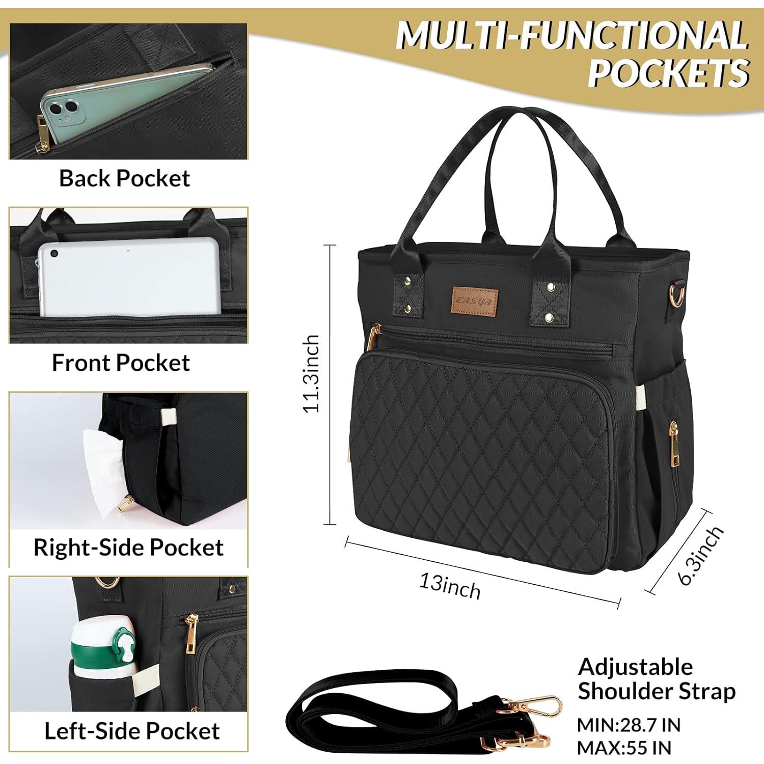 Large Insulated Lunch Bag for Work, Women's Nylon Thermal Lunch Box, Leakproof Cooler Tote Bag with Storage Pocket (Black)