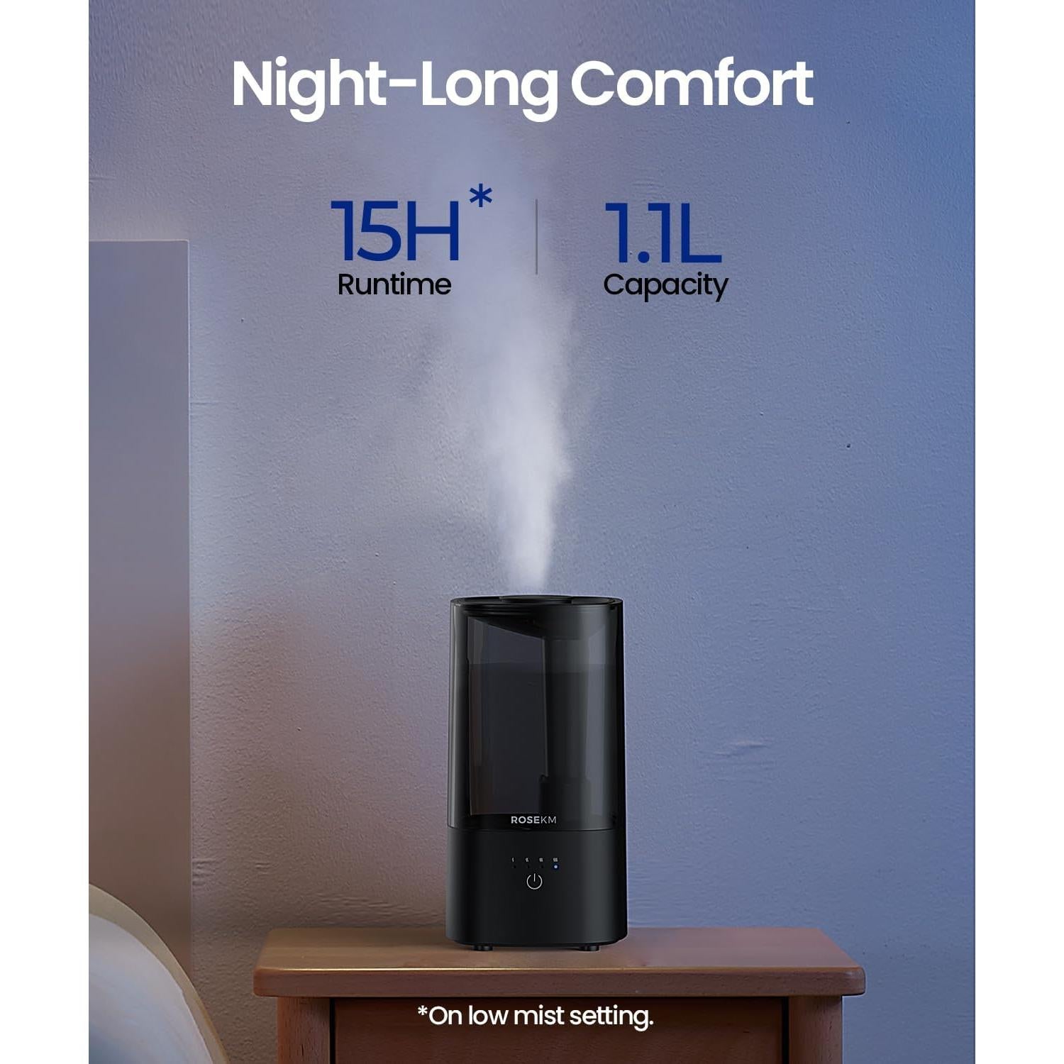 Humidificador Ultrasónico Rosekm 1.1L para Dormitorio Silencioso