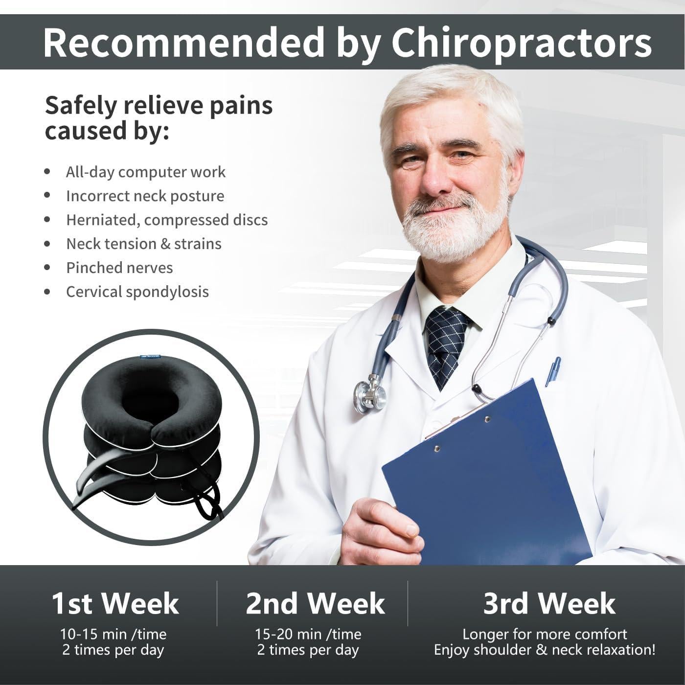 Collar Inflable de Tracción Cervical S - Alivio Dolor Cuello Terciopelo Negro