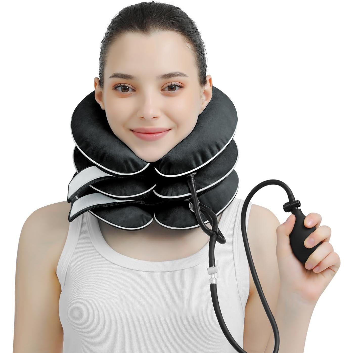 Collar Inflable de Tracción Cervical S - Alivio Dolor Cuello Terciopelo Negro
