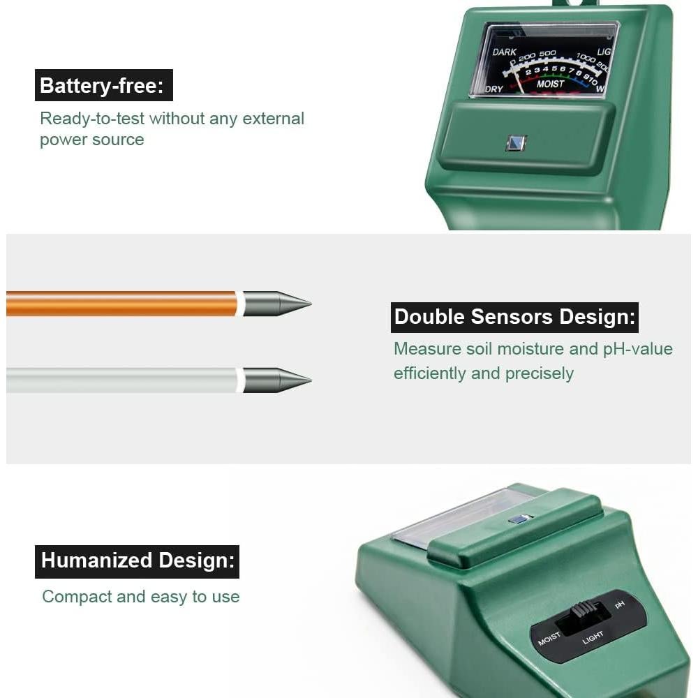 SONKIR Soil pH Meter, MS02 3-in-1 Soil Moisture/Light/pH Tester Gardening Tool Kits for Plant Care, Great for Garden, Lawn, Farm, Indoor & Outdoor Use (Green)