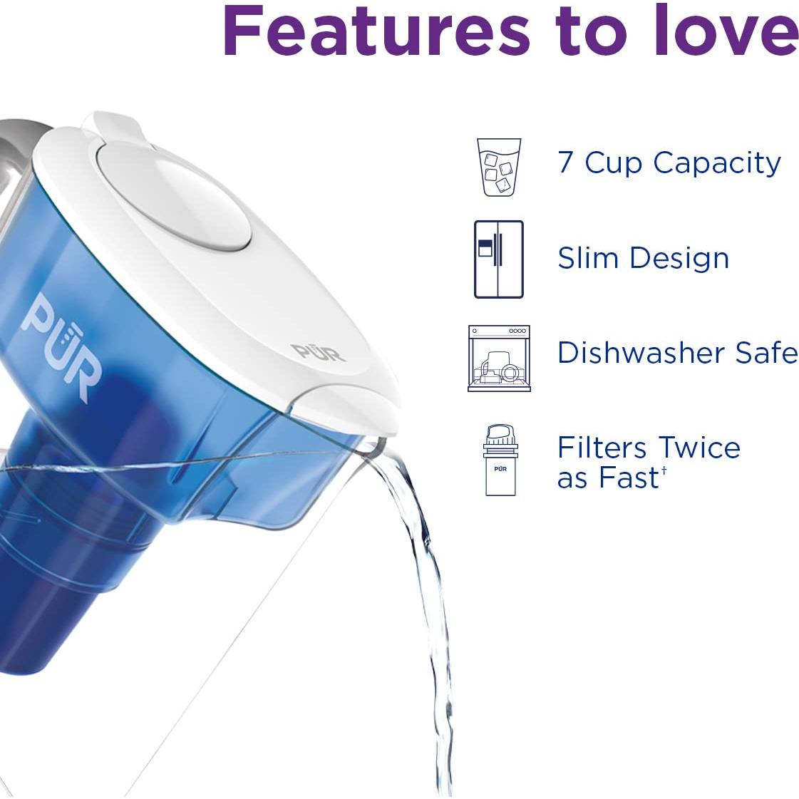 Jarra de Filtro de Agua PUR 7 Tazas Blanca/Azul - Filtración Rápida