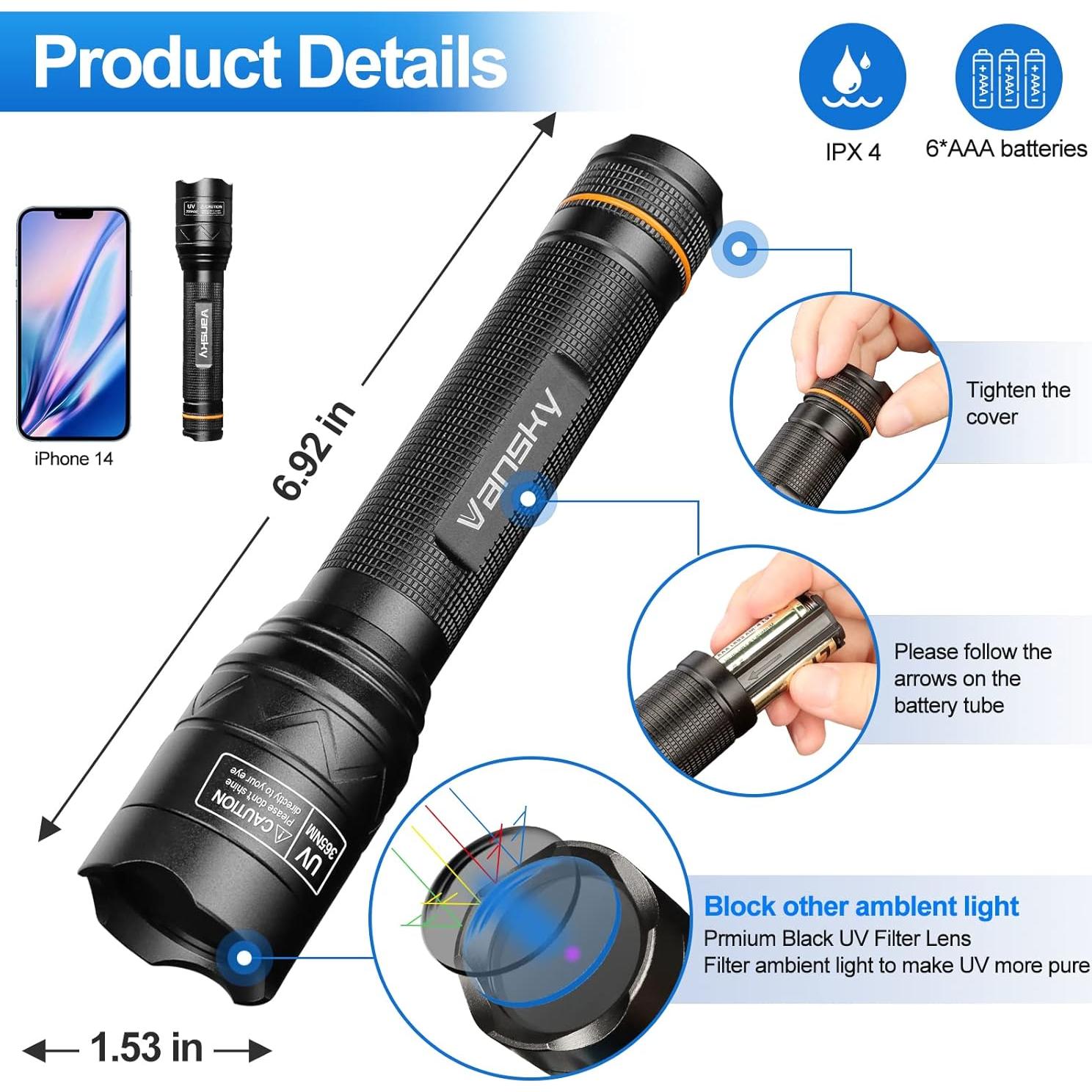 Linterna UV 365nm Vansky S5C para Detección de Orina de Mascotas