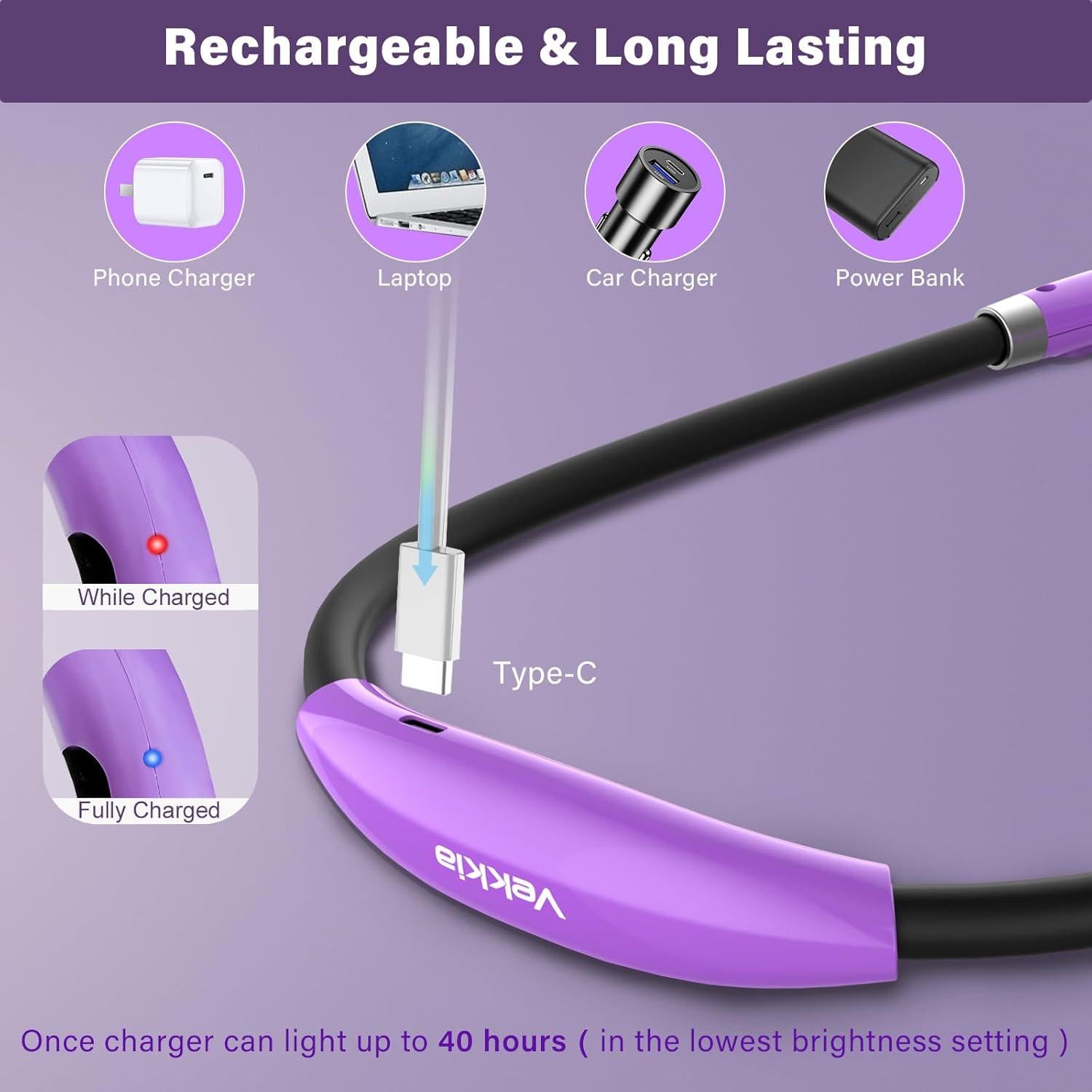 Luz de Lectura LED Vekkia para el Cuello, 3 Brillos, Púrpura