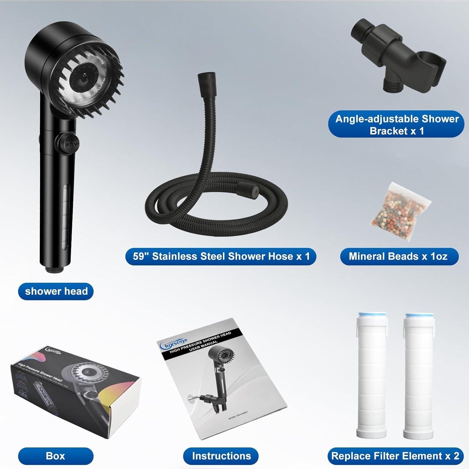 Cabezal de Ducha Luxsego Alta Presión 3 Modos Negro