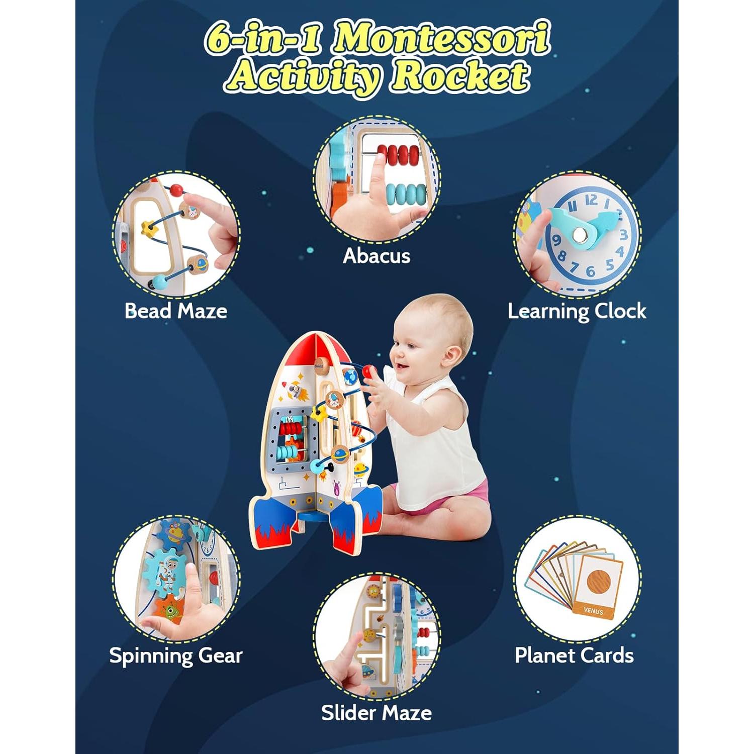 Cubo de Actividad de Madera Gleamkid Cohete 6 en 1 Educativo