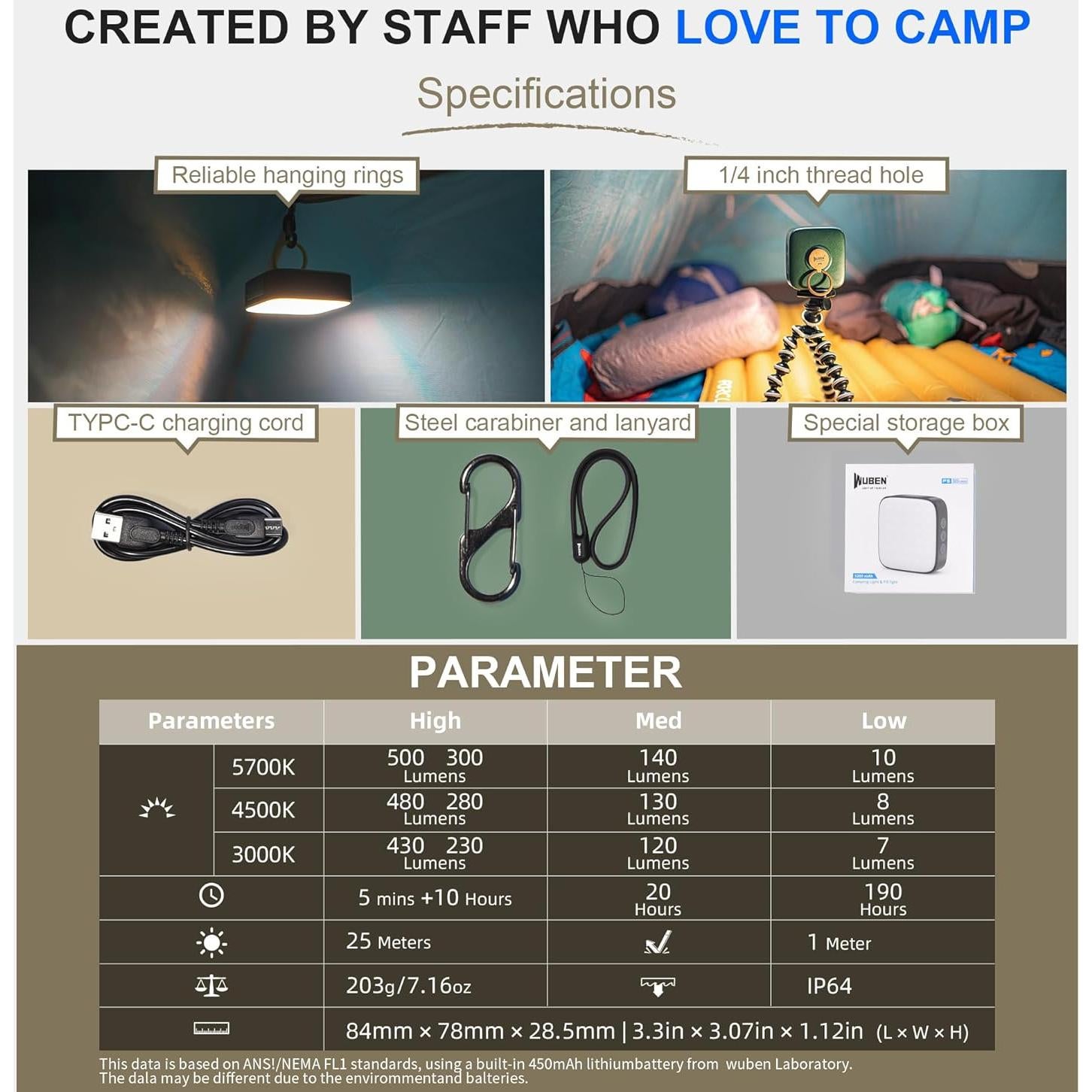 Lámpara de Camping WUBEN F5 500LM Recargable IP64 Gris