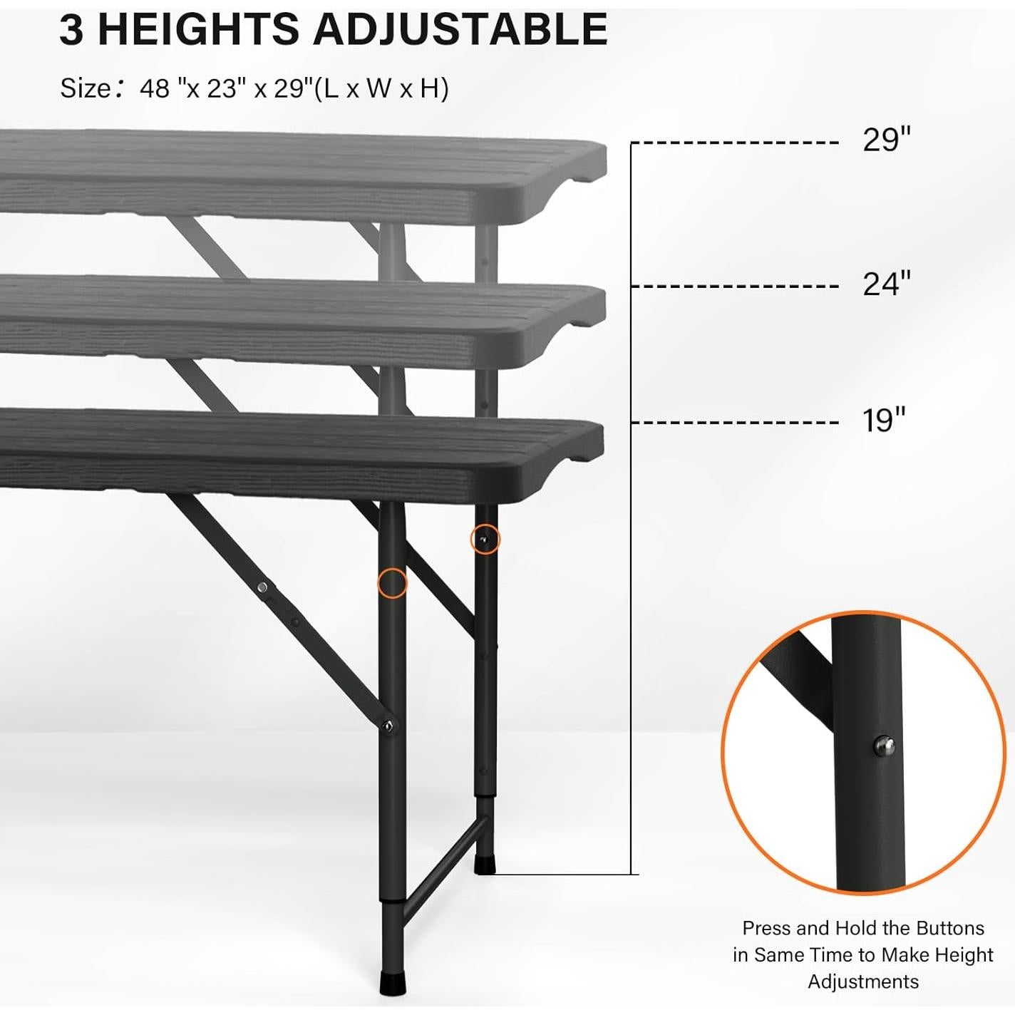Mesa Plegable VINGLI 4 Pies Ajustable para Camping y Fiestas