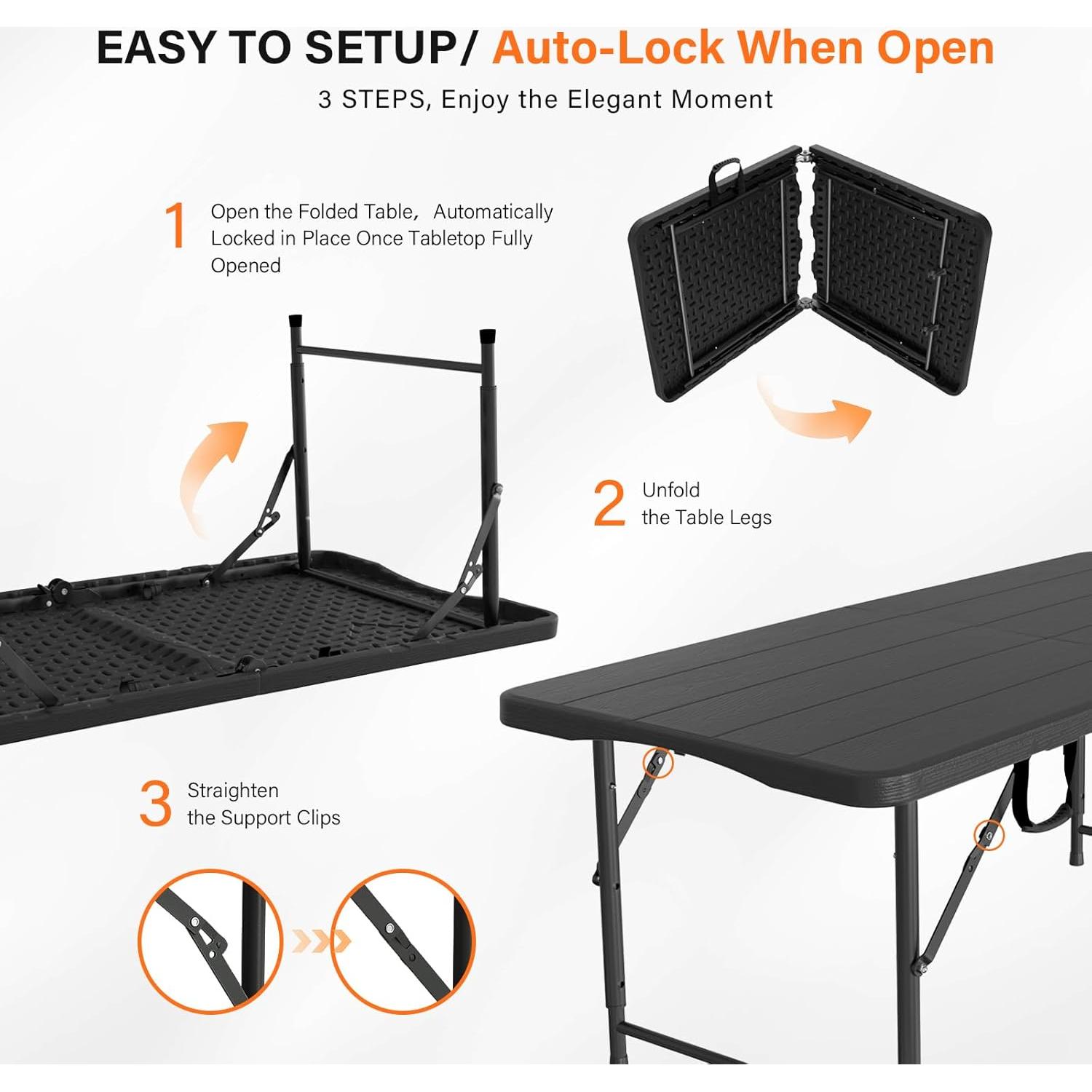 Mesa Plegable VINGLI 4 Pies Ajustable para Camping y Fiestas