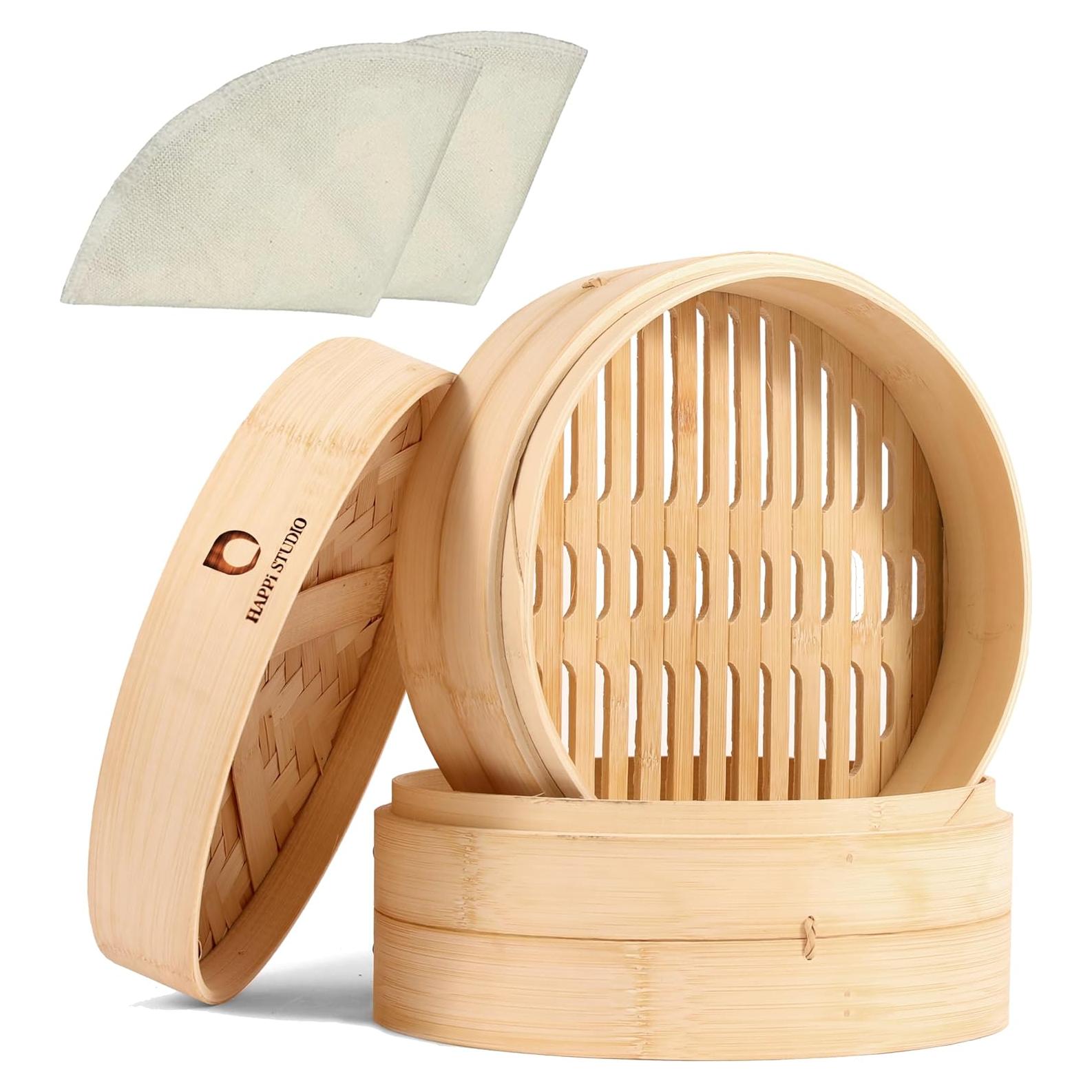 Vaporera de Bambú 10 Pulgadas HAPPI STUDIO - 2 Niveles para Dumplings