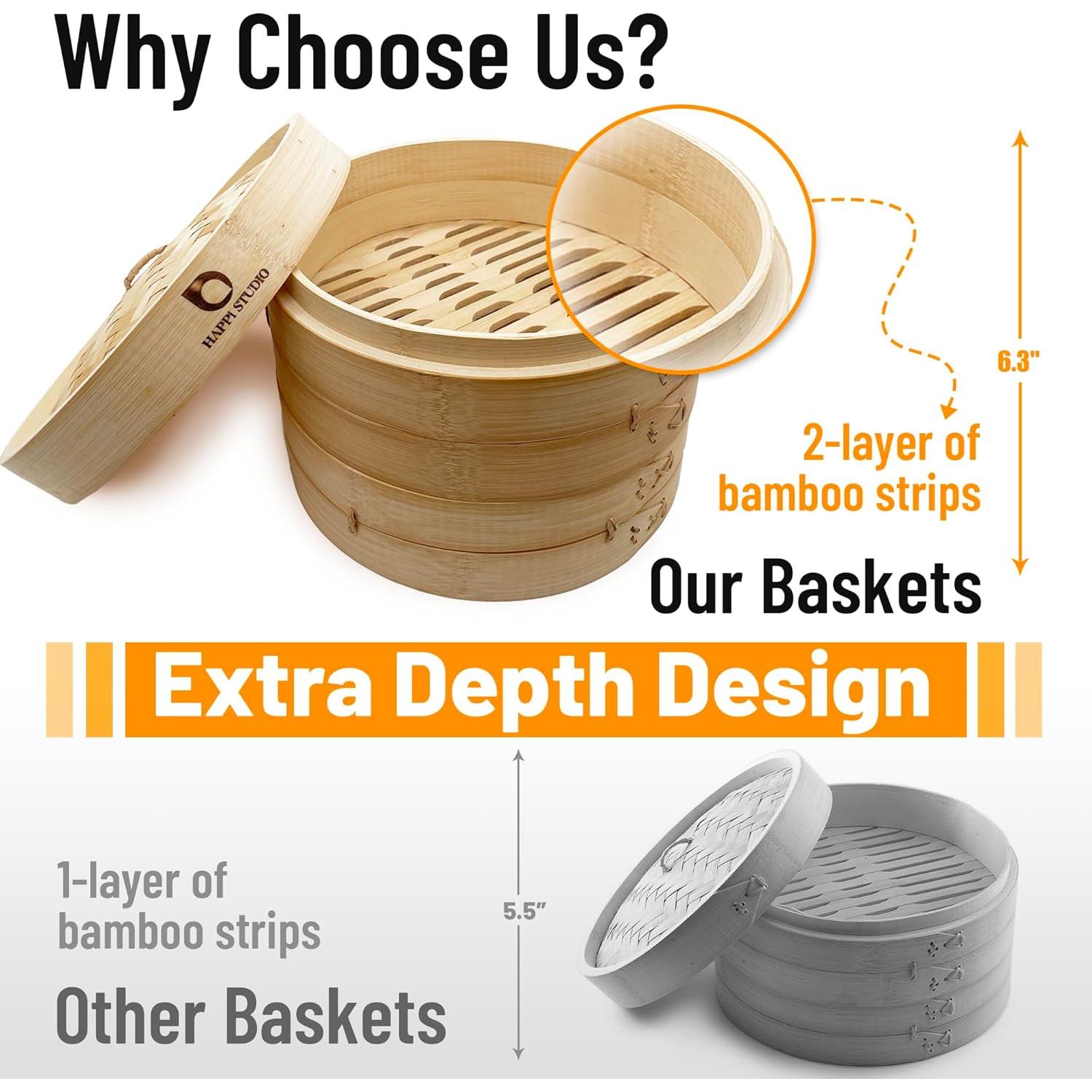 Vaporera de Bambú 10 Pulgadas HAPPI STUDIO - 2 Niveles para Dumplings