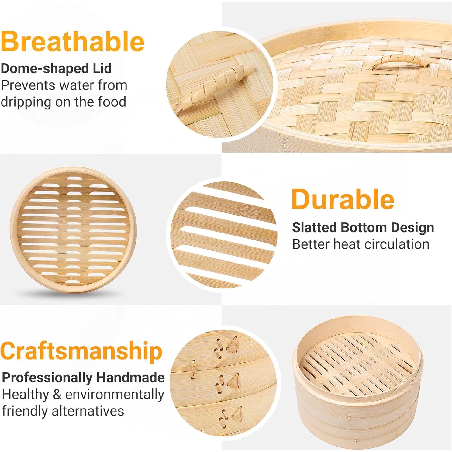 Vaporera de Bambú 10 Pulgadas HAPPI STUDIO - 2 Niveles para Dumplings