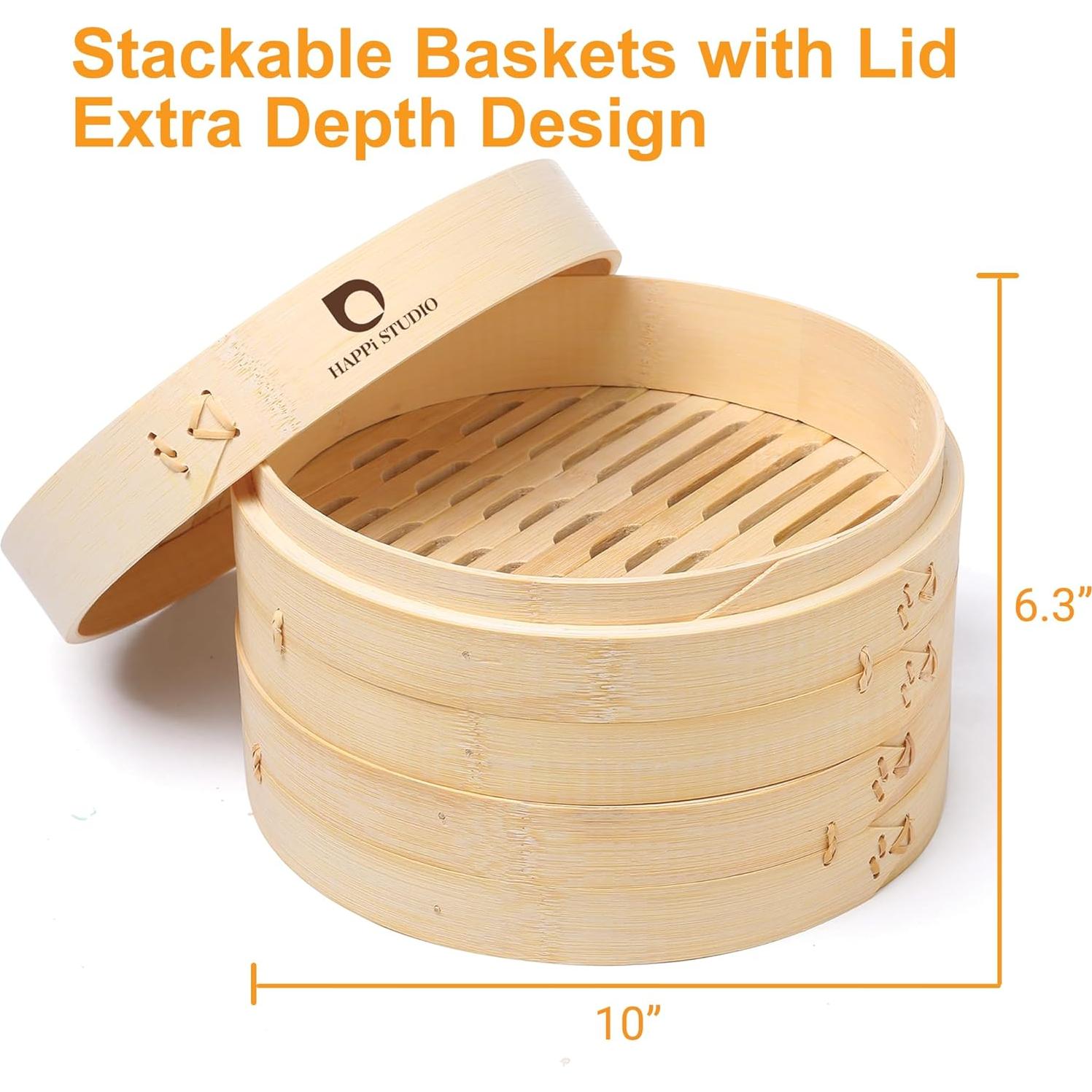 Vaporera de Bambú 10 Pulgadas HAPPI STUDIO - 2 Niveles para Dumplings