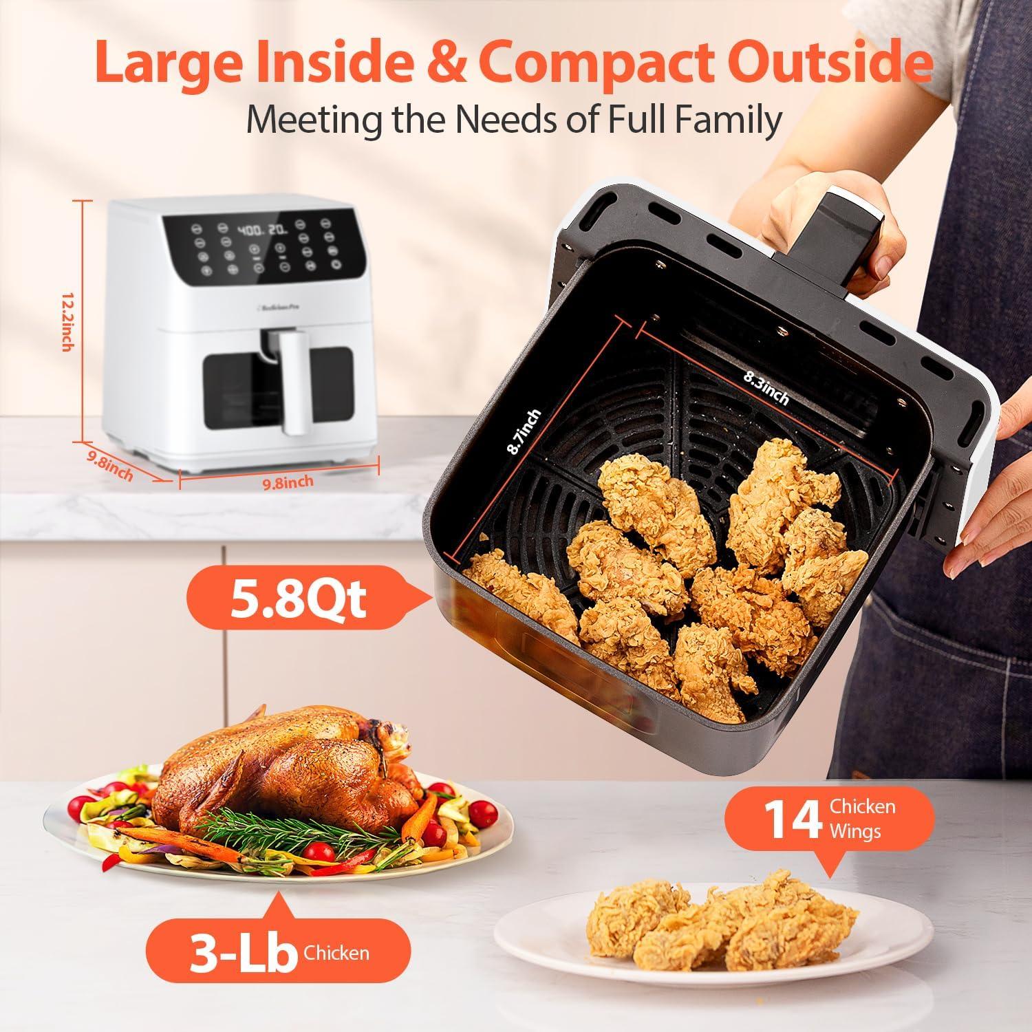 Beelicious 5.8QT Large Air Fryer, 12-in-1 Digital Airfryer with Clear Window, 40+ Recipes, Flavor-Lock Tech, Shake Reminder, Compact, Quiet, Dishwasher Safe, Nonstick (Bright White)