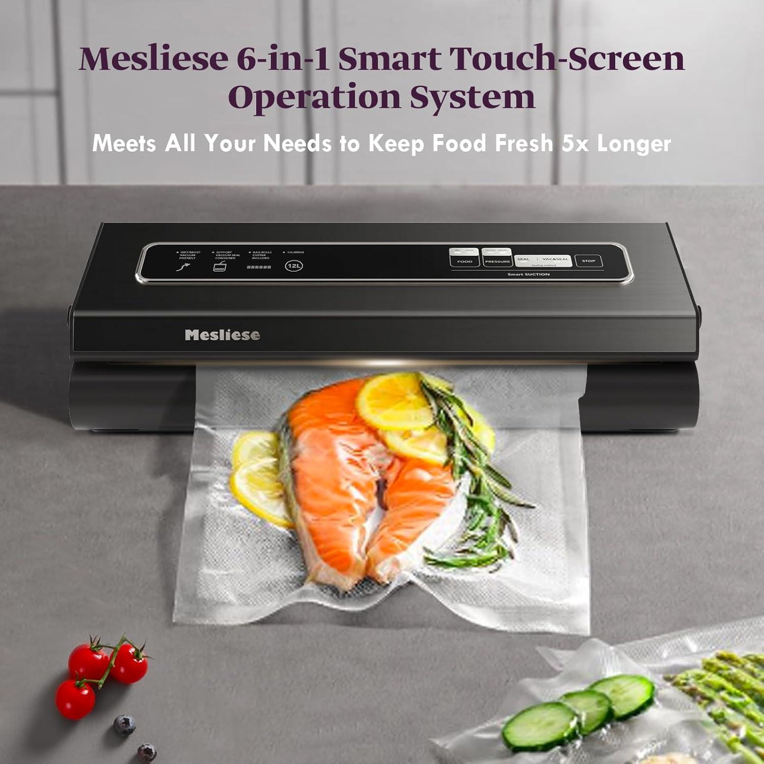 Vacuum Sealer Machine 90Kpa 6-in-1 Compact Food Vacuum Sealing Preservation System with Cutter | 2 Bag Rolls | 5 Pre-cut Bags | Dry&Moist Modes | ETL Listed (Dark Gray)