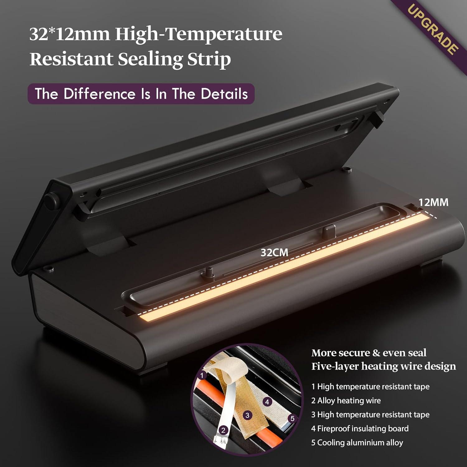 Vacuum Sealer Machine 90Kpa 6-in-1 Compact Food Vacuum Sealing Preservation System with Cutter | 2 Bag Rolls | 5 Pre-cut Bags | Dry&Moist Modes | ETL Listed (Dark Gray)