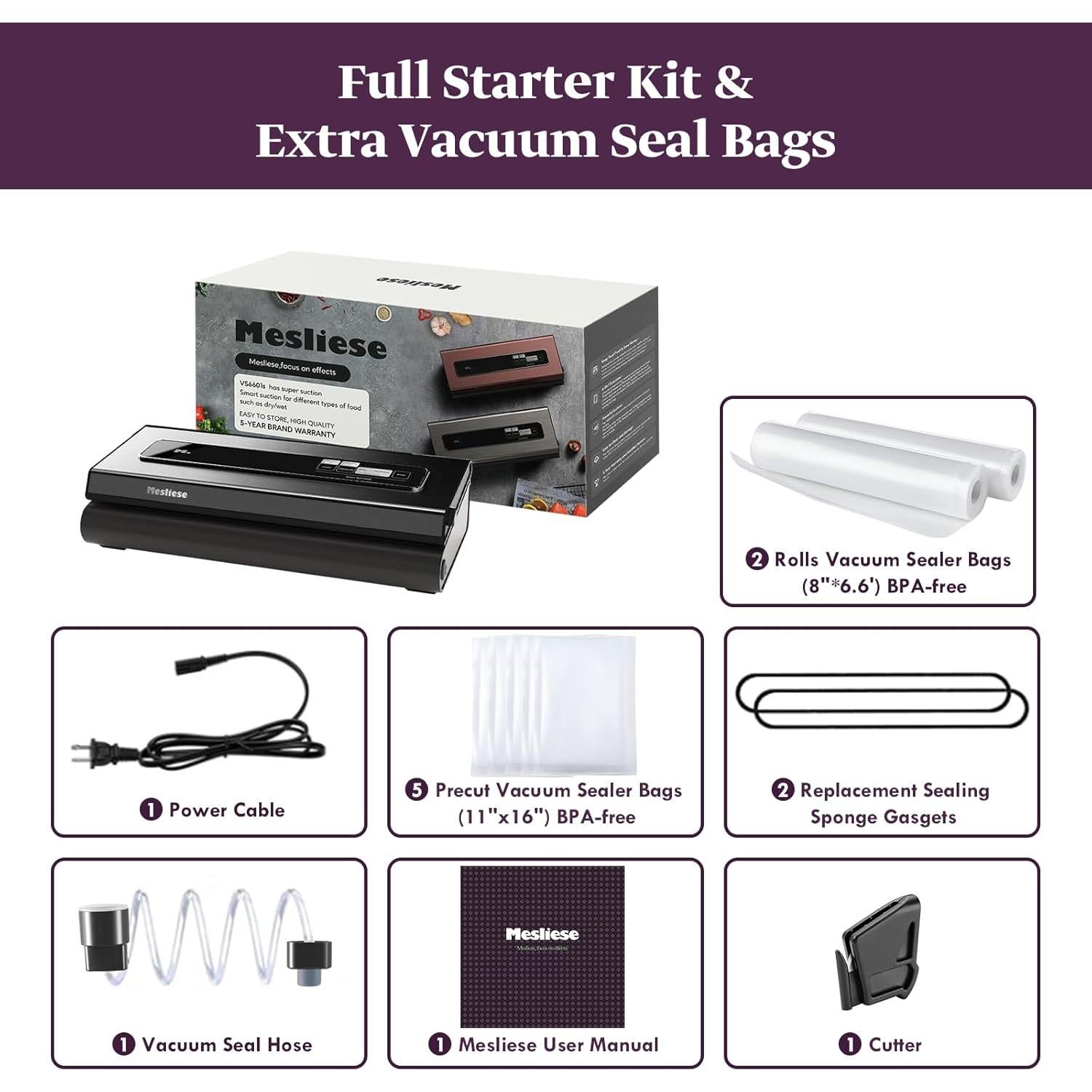 Vacuum Sealer Machine 90Kpa 6-in-1 Compact Food Vacuum Sealing Preservation System with Cutter | 2 Bag Rolls | 5 Pre-cut Bags | Dry&Moist Modes | ETL Listed (Dark Gray)