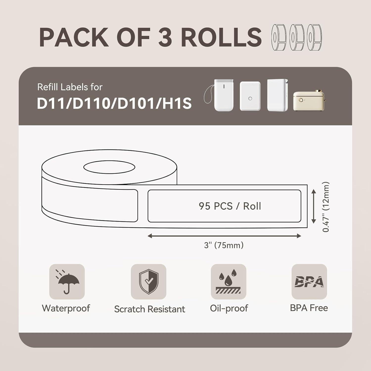 Etiquetas Térmicas NIIMBOT 3 Rollos 12x75mm para D11/D110