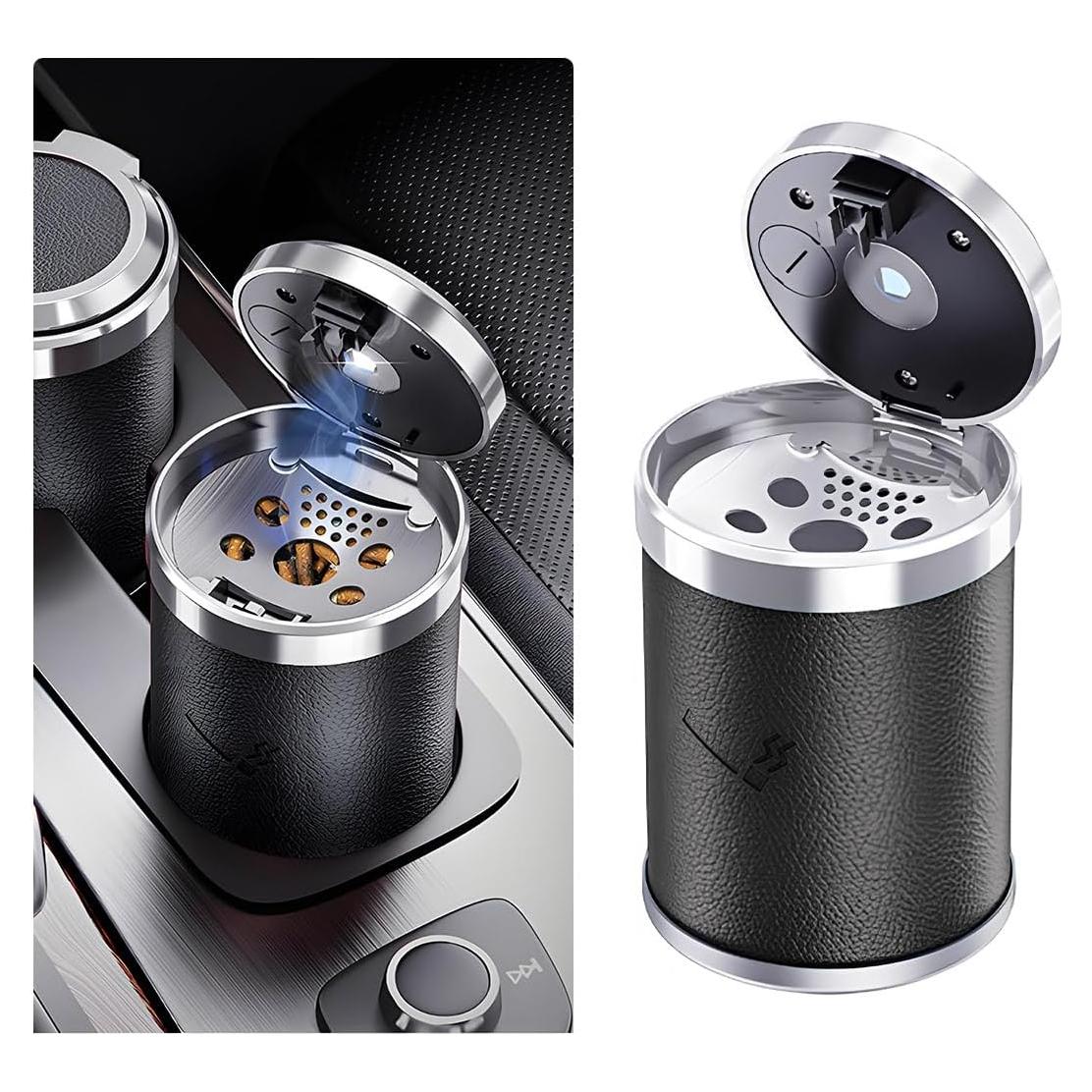 Cenicero de coche Wevdn con tapa y luz LED azul, portátil