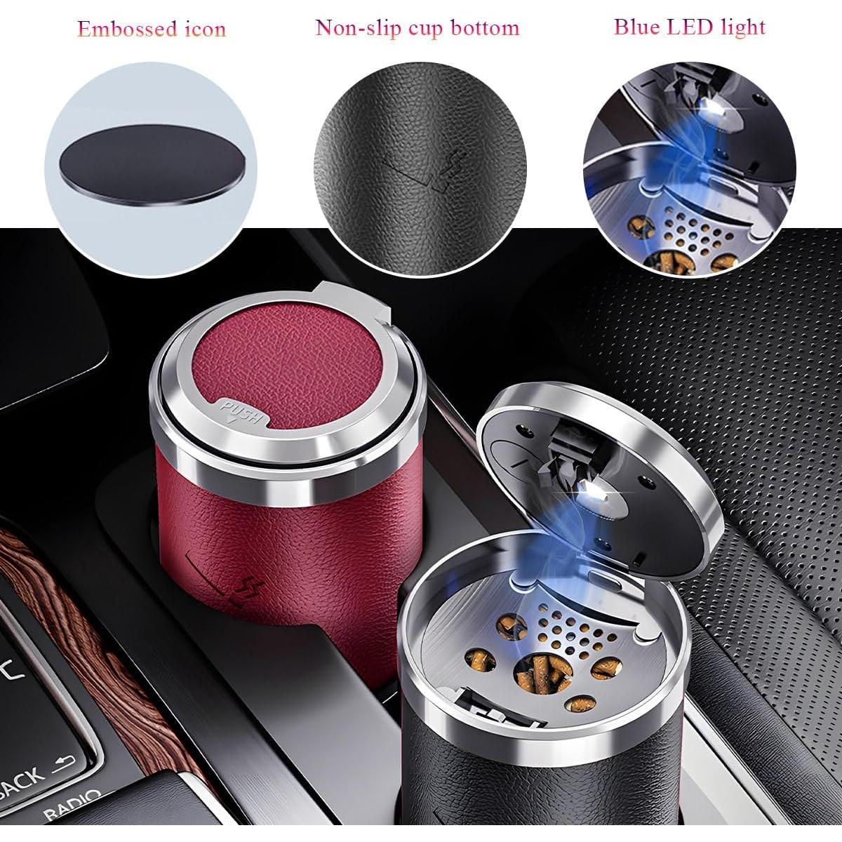 Cenicero de coche Wevdn con tapa y luz LED azul, portátil