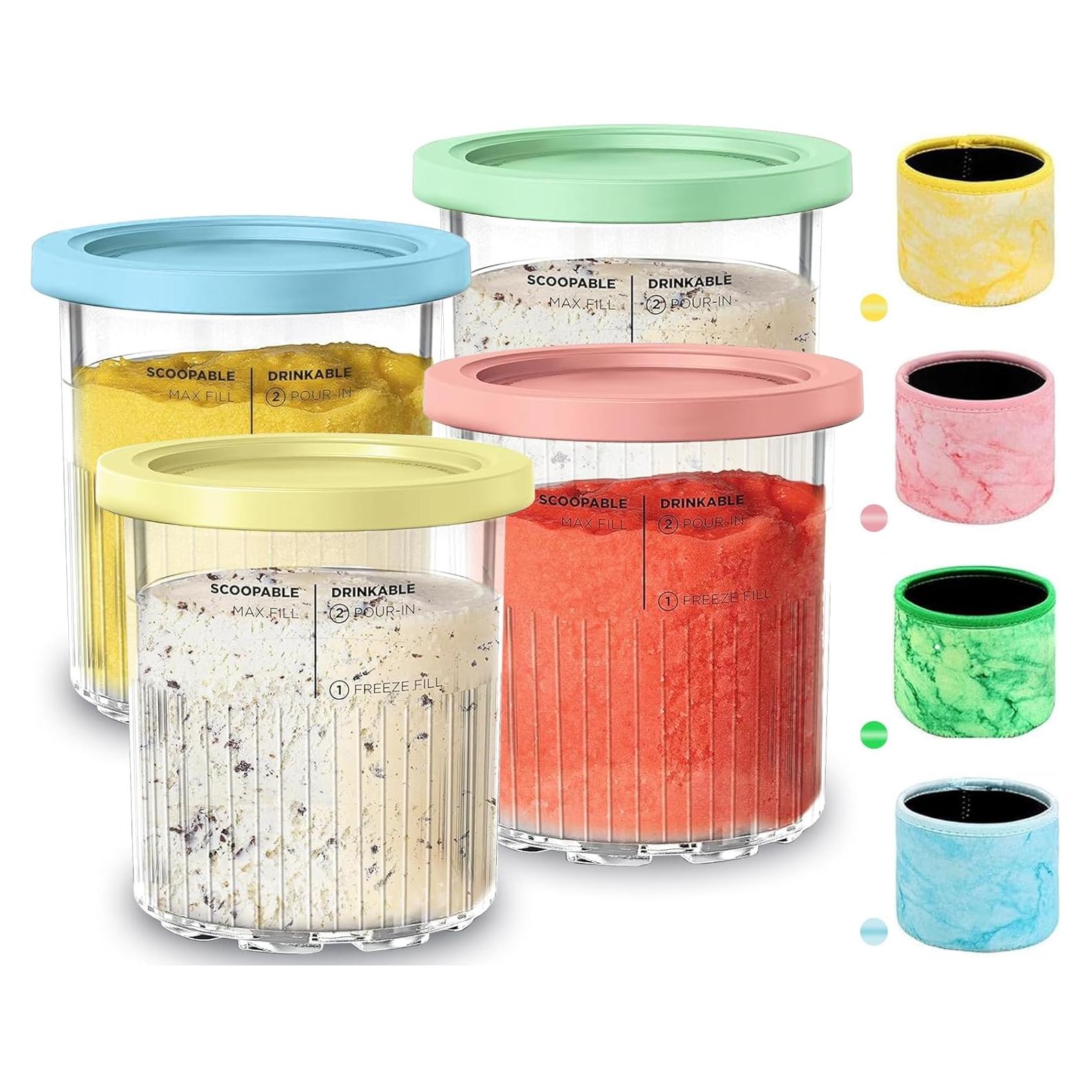 for Ninja Creami Deluxe 24OZ Pints and Lids 4 Pack with Neoprene Sleeve,Family Ice Cream Storage Containers for Ninja Creami Maker 11-in-1 NC501 NC500 Series (Dishwasher Safe Reusable Leak Proof)