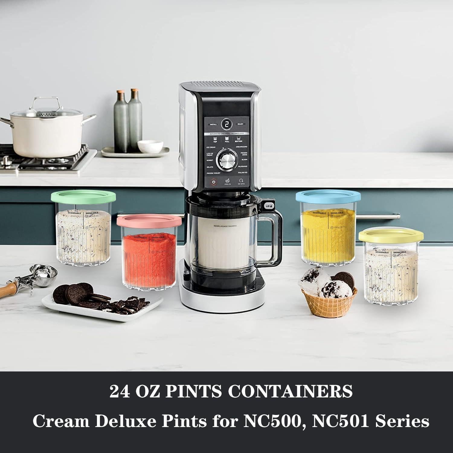 for Ninja Creami Deluxe 24OZ Pints and Lids 4 Pack with Neoprene Sleeve,Family Ice Cream Storage Containers for Ninja Creami Maker 11-in-1 NC501 NC500 Series (Dishwasher Safe Reusable Leak Proof)