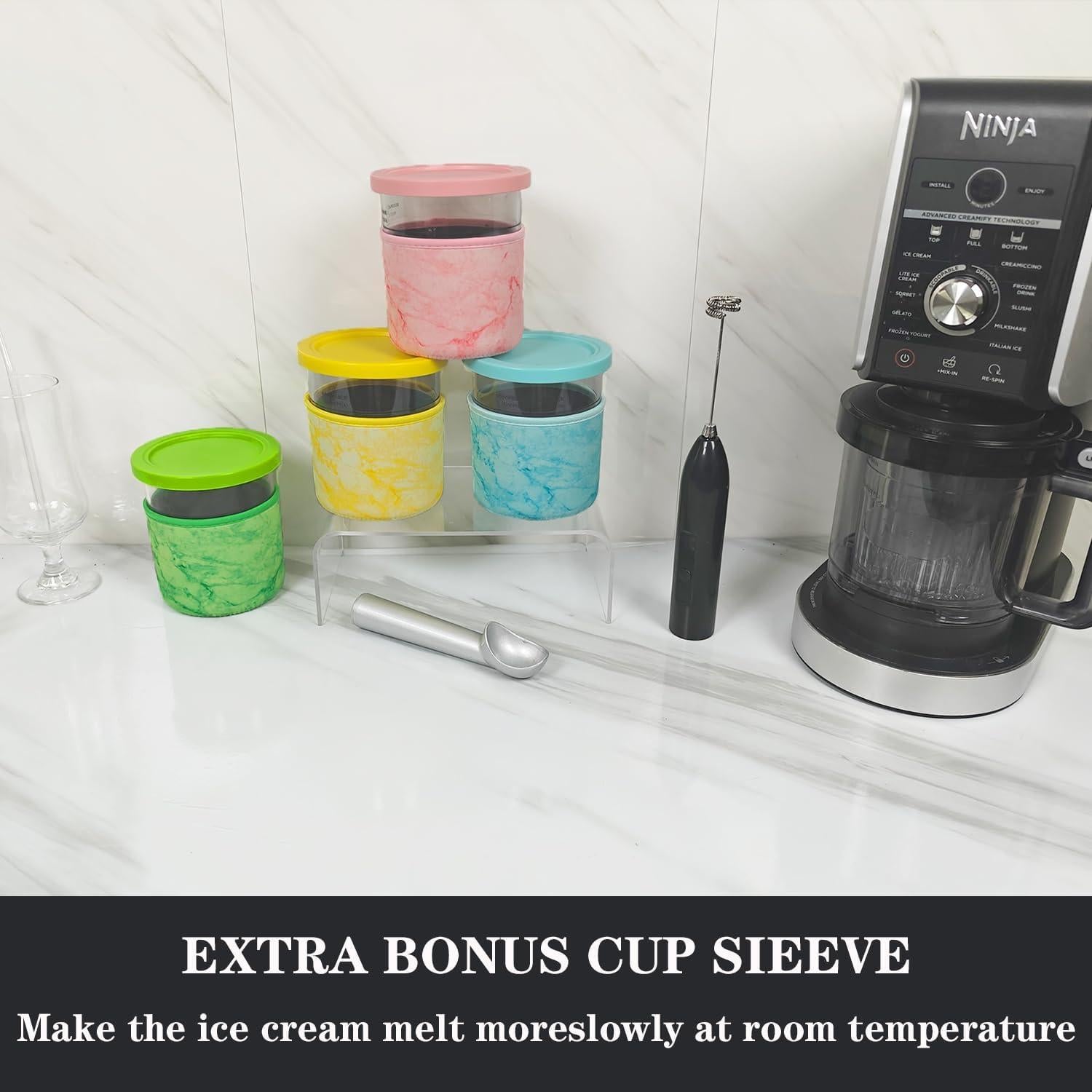 for Ninja Creami Deluxe 24OZ Pints and Lids 4 Pack with Neoprene Sleeve,Family Ice Cream Storage Containers for Ninja Creami Maker 11-in-1 NC501 NC500 Series (Dishwasher Safe Reusable Leak Proof)