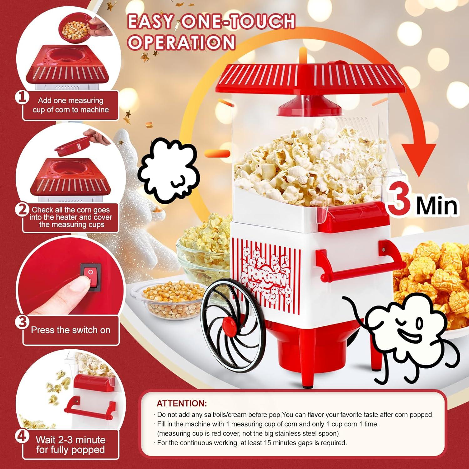 Popcorn Machine, Hot Air Popcorn Maker Kit Gift Box, Portable Home Popcorn Popper Machine, 10-Cup,Oil-Free,Retro Style,Compact and Cute