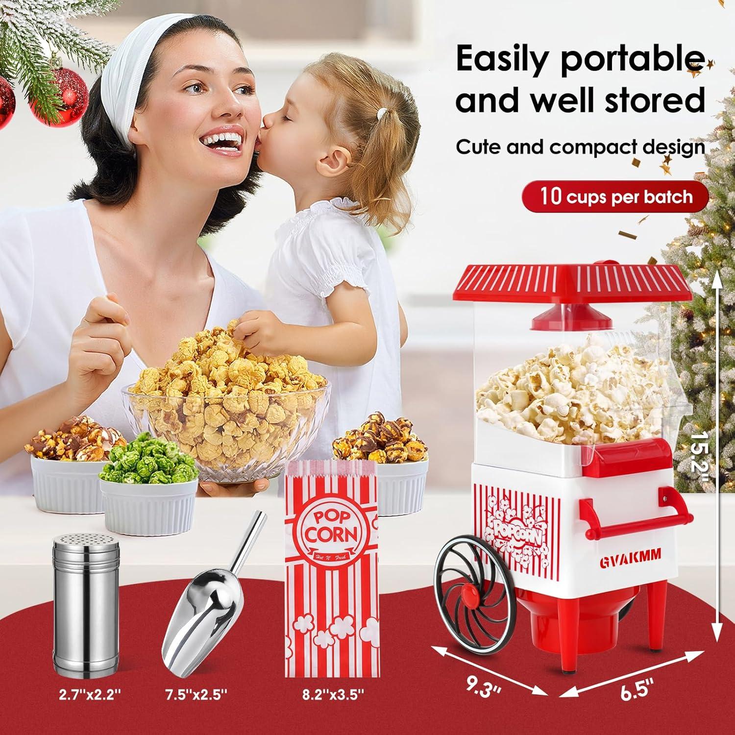 Popcorn Machine, Hot Air Popcorn Maker Kit Gift Box, Portable Home Popcorn Popper Machine, 10-Cup,Oil-Free,Retro Style,Compact and Cute