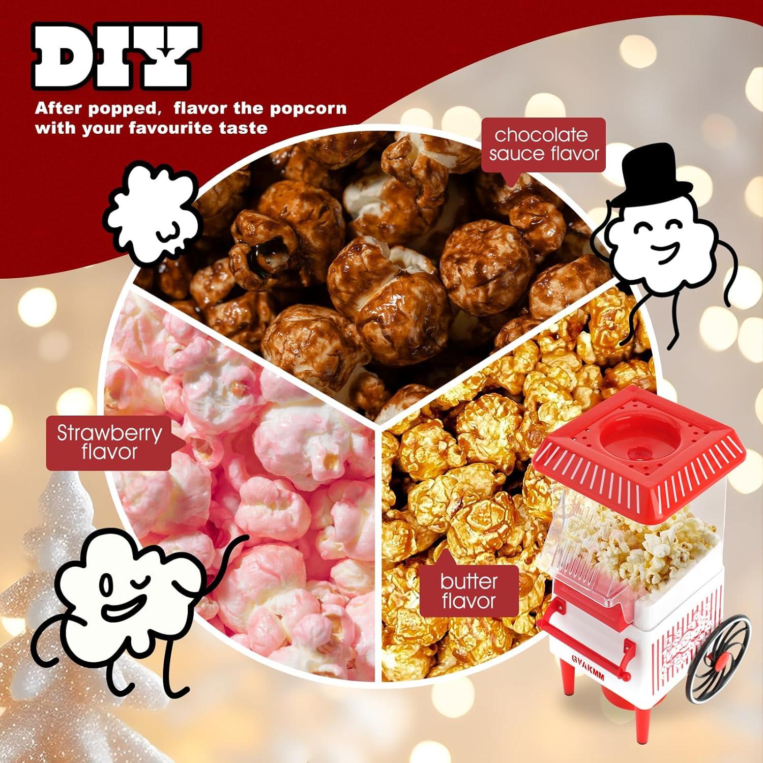 Popcorn Machine, Hot Air Popcorn Maker Kit Gift Box, Portable Home Popcorn Popper Machine, 10-Cup,Oil-Free,Retro Style,Compact and Cute