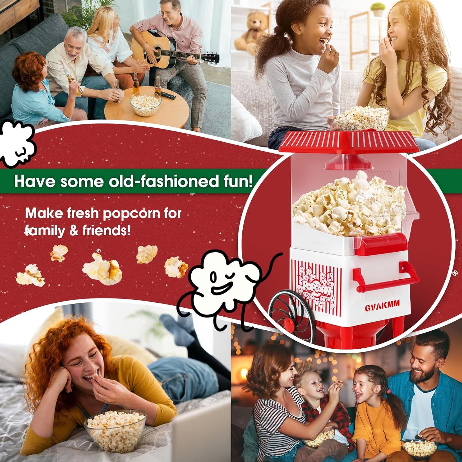 Popcorn Machine, Hot Air Popcorn Maker Kit Gift Box, Portable Home Popcorn Popper Machine, 10-Cup,Oil-Free,Retro Style,Compact and Cute