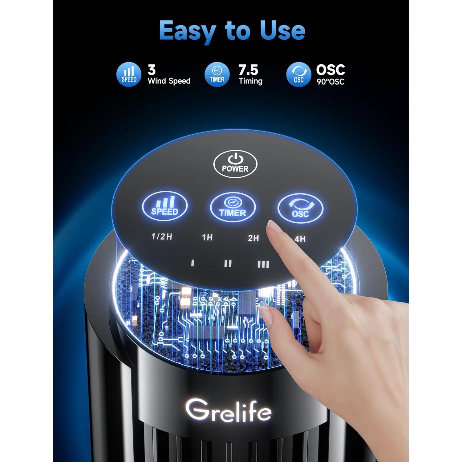 Ventilador de Torre Grelife TF2007, 33 cm, Silencioso 28dB