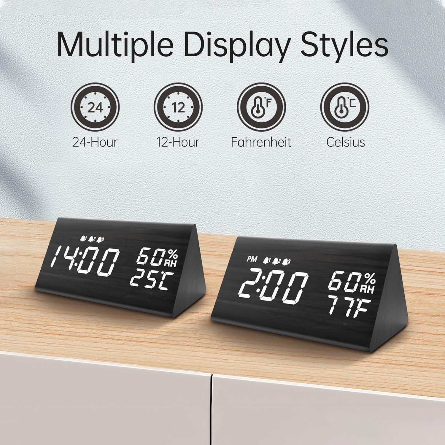 Reloj Despertador Digital JALL de Madera con Alarma Triple