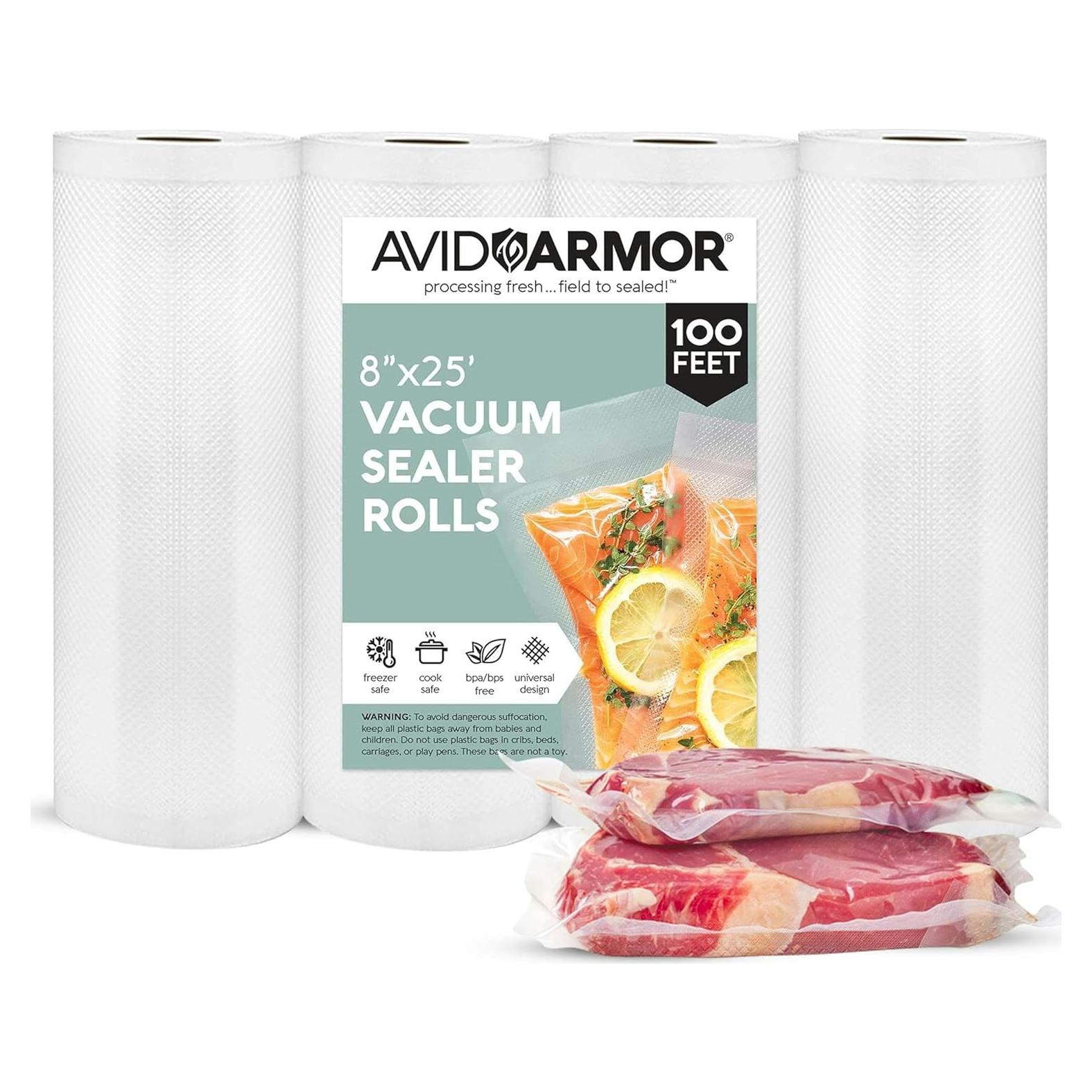 Avid Armor Vacuum Sealer Bags - 4 Pack, 8x25 Rolls | BPA-Free Vacuum Seal Bags for Food Storage, Meal Prep, Sous Vide | Heavy Duty Vacuum Sealer Bags, Fits Foodsaver & Seal a Meal
