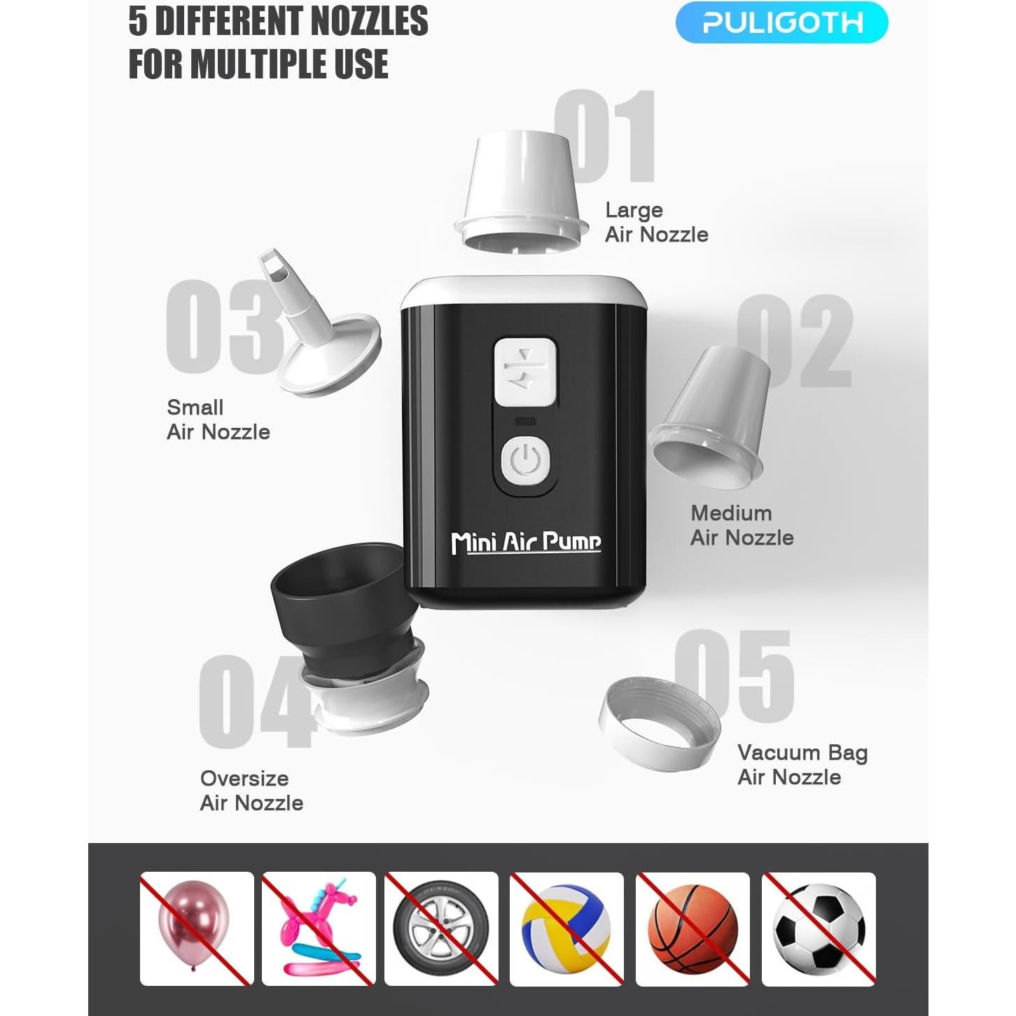 Bomba de Aire Portátil Puligoth 1600mAh con Luz Camping