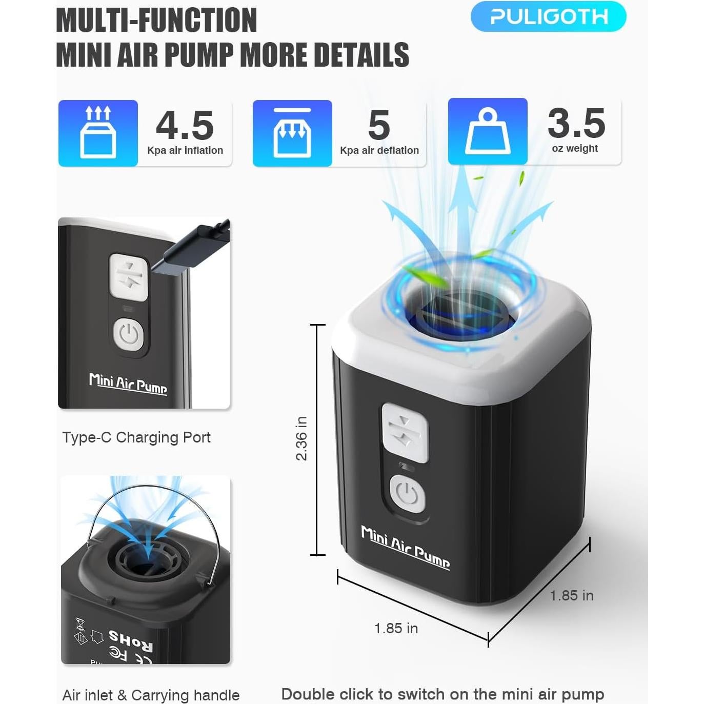 Bomba de Aire Portátil Puligoth 1600mAh con Luz Camping