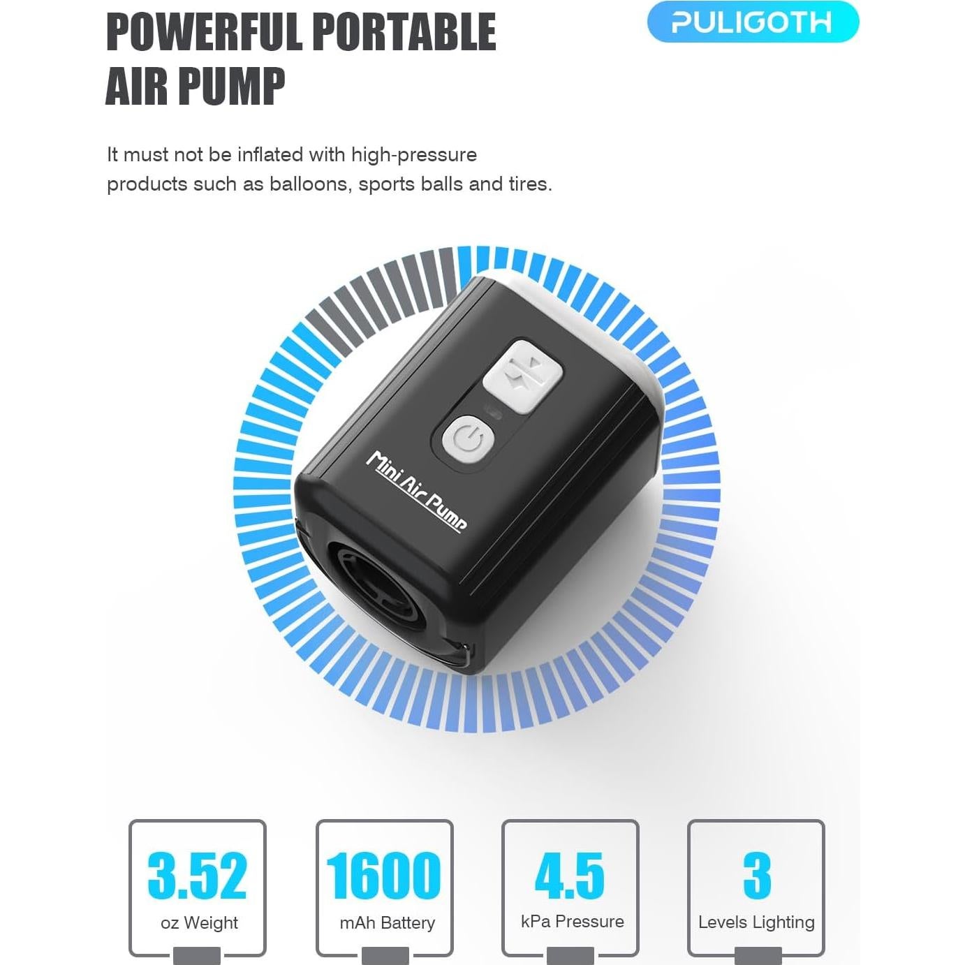 Bomba de Aire Portátil Puligoth 1600mAh con Luz Camping