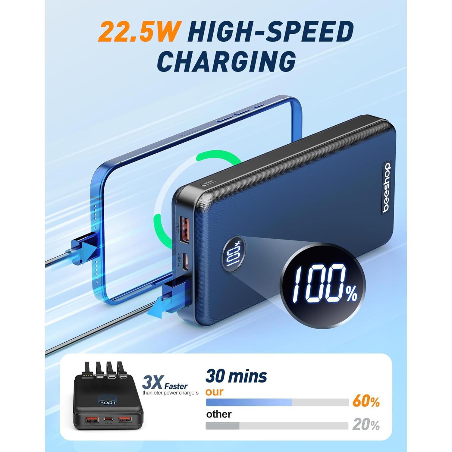 Cargador Portátil BEESHOP 37000mAh con 4 Cables Integrados