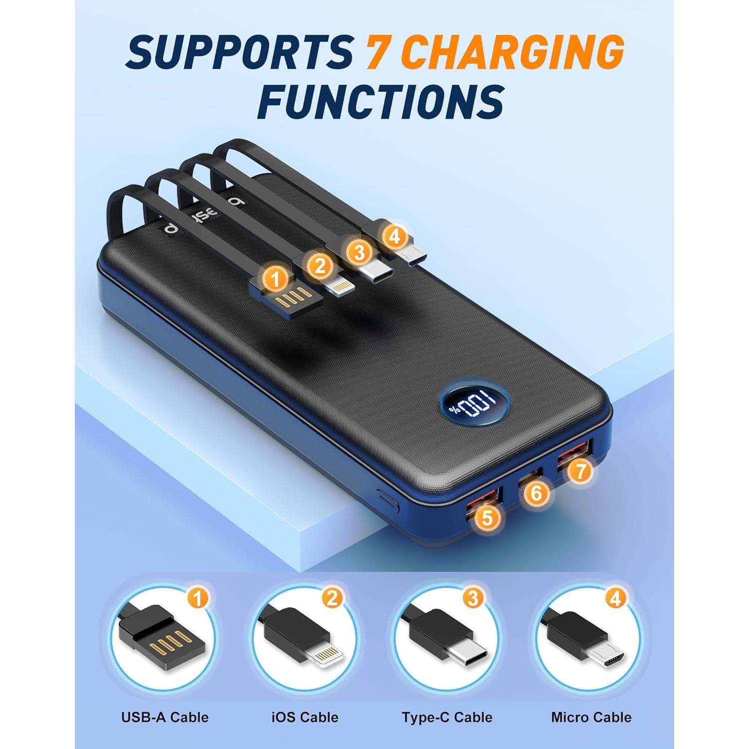 Cargador Portátil BEESHOP 37000mAh con 4 Cables Integrados