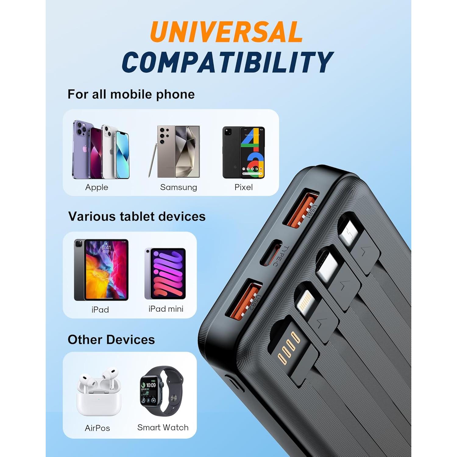 Cargador Portátil BEESHOP 37000mAh con 4 Cables Integrados