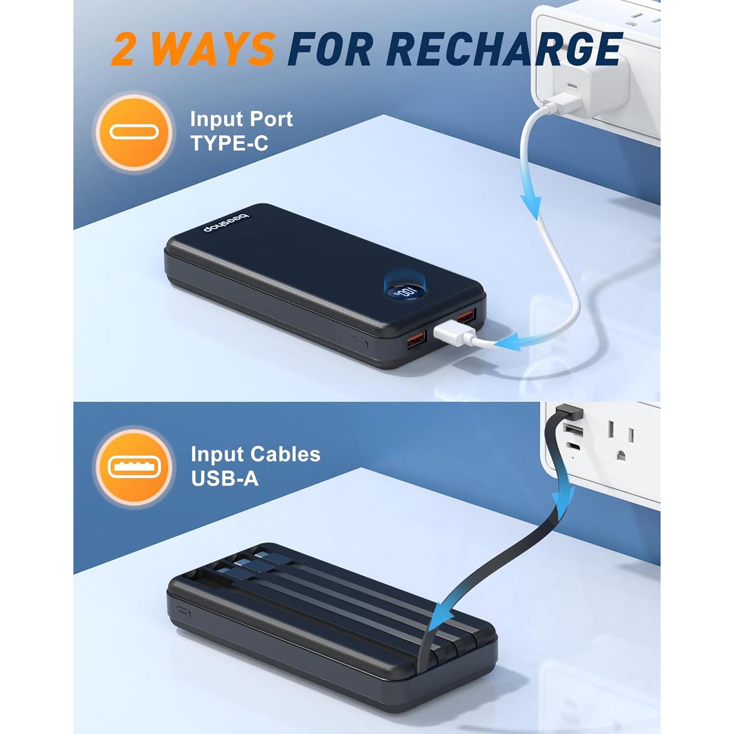 Cargador Portátil BEESHOP 37000mAh con 4 Cables Integrados